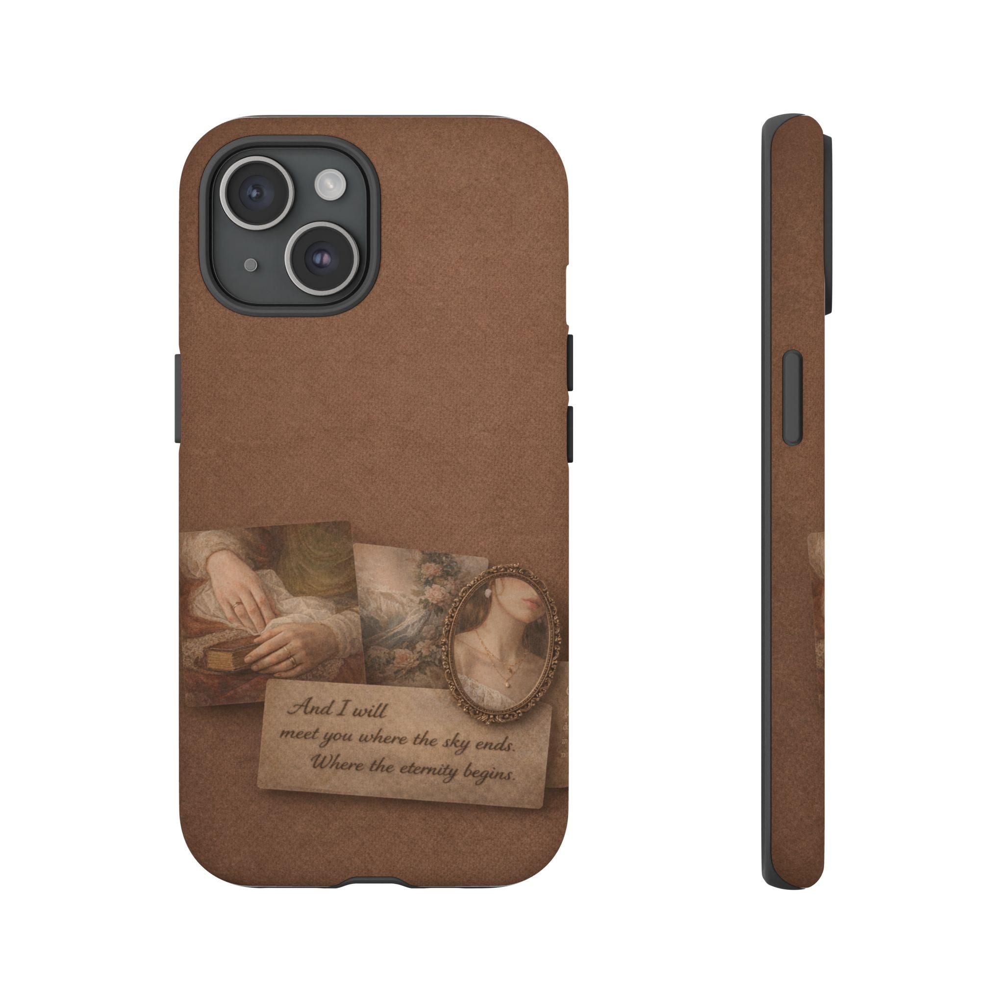 Vintage Brown Phone Case with Romantic Collage — "And I saw you where the sky ends"🌙