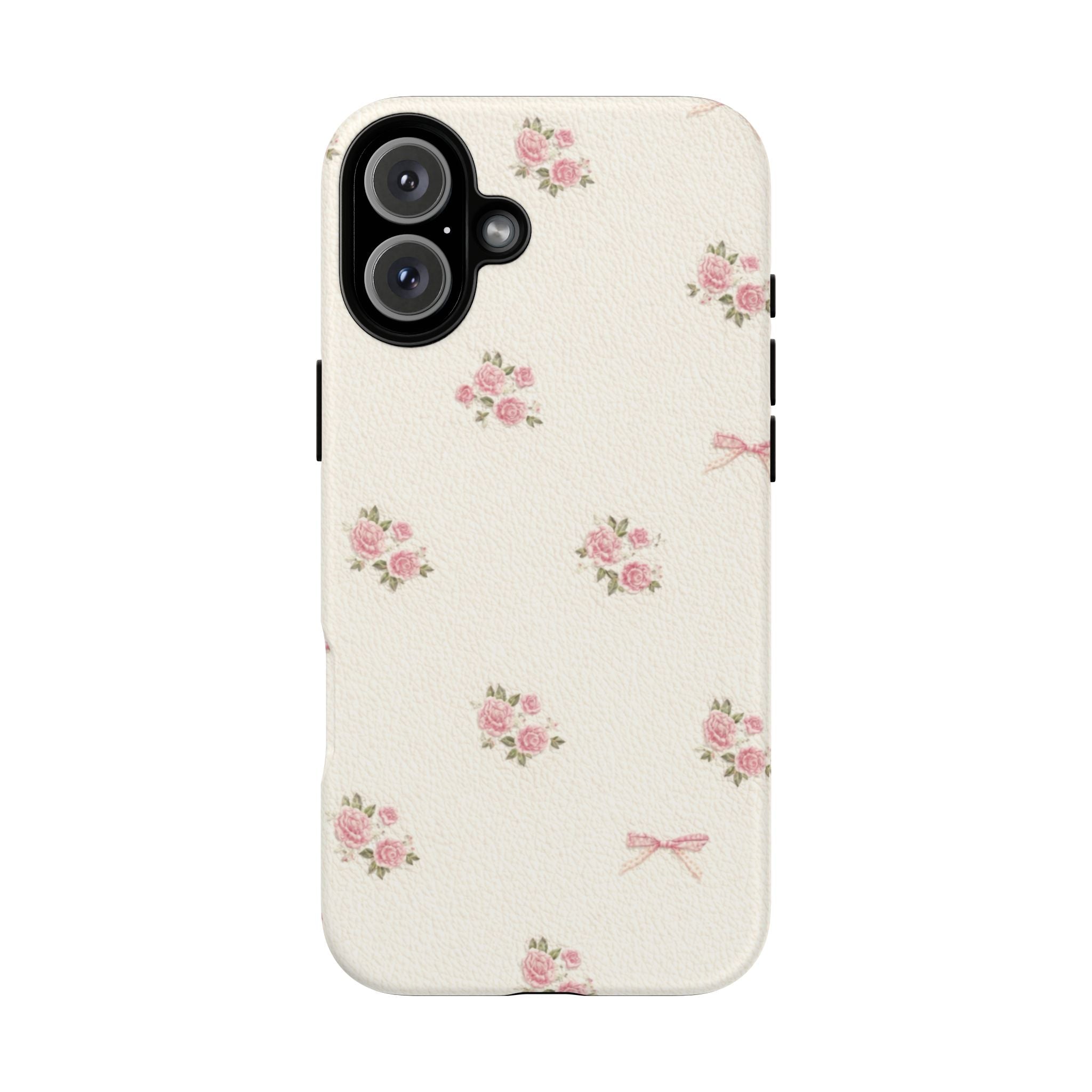 Floral Bow Tough Phone Case — Vintage Pink Rose Pattern🌷🎀