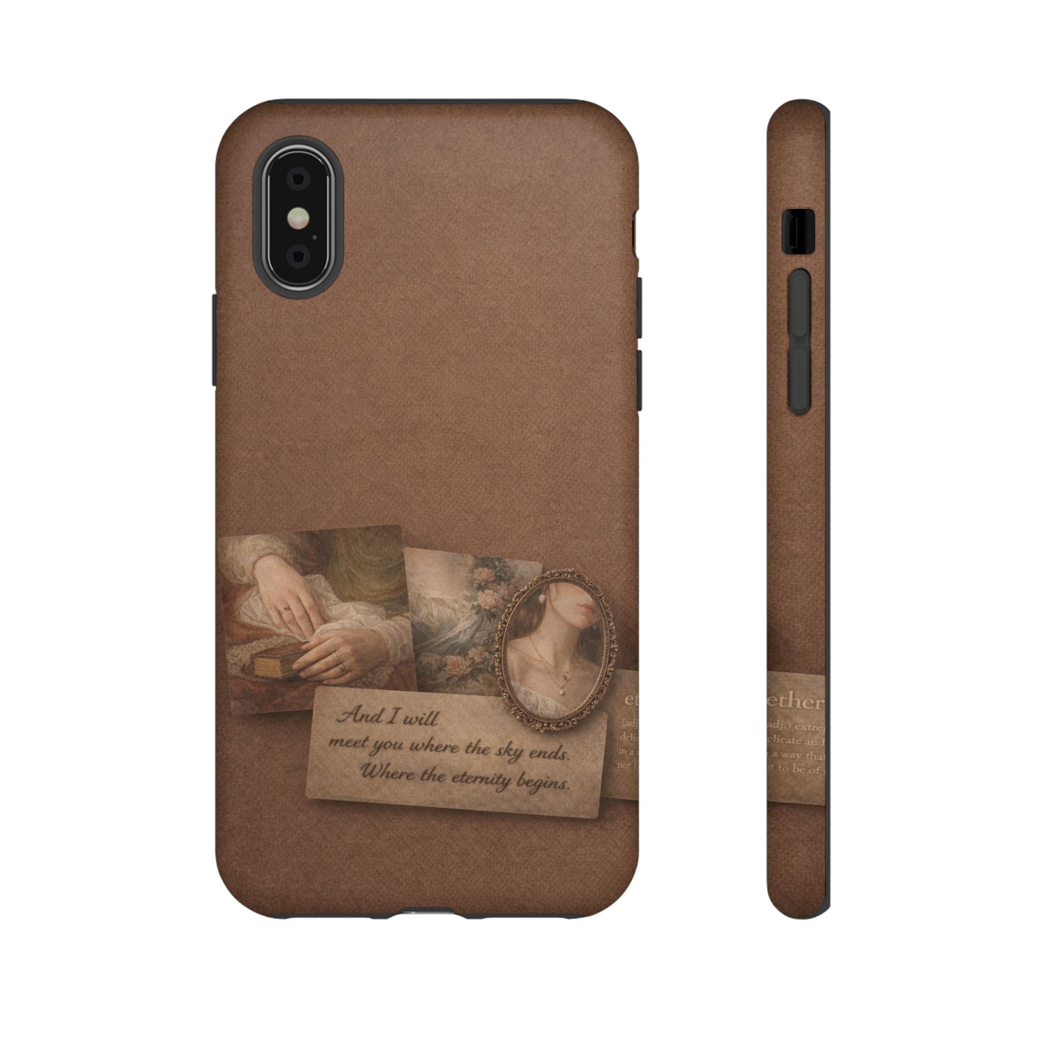 Vintage Brown Phone Case with Romantic Collage — "And I saw you where the sky ends"🌙