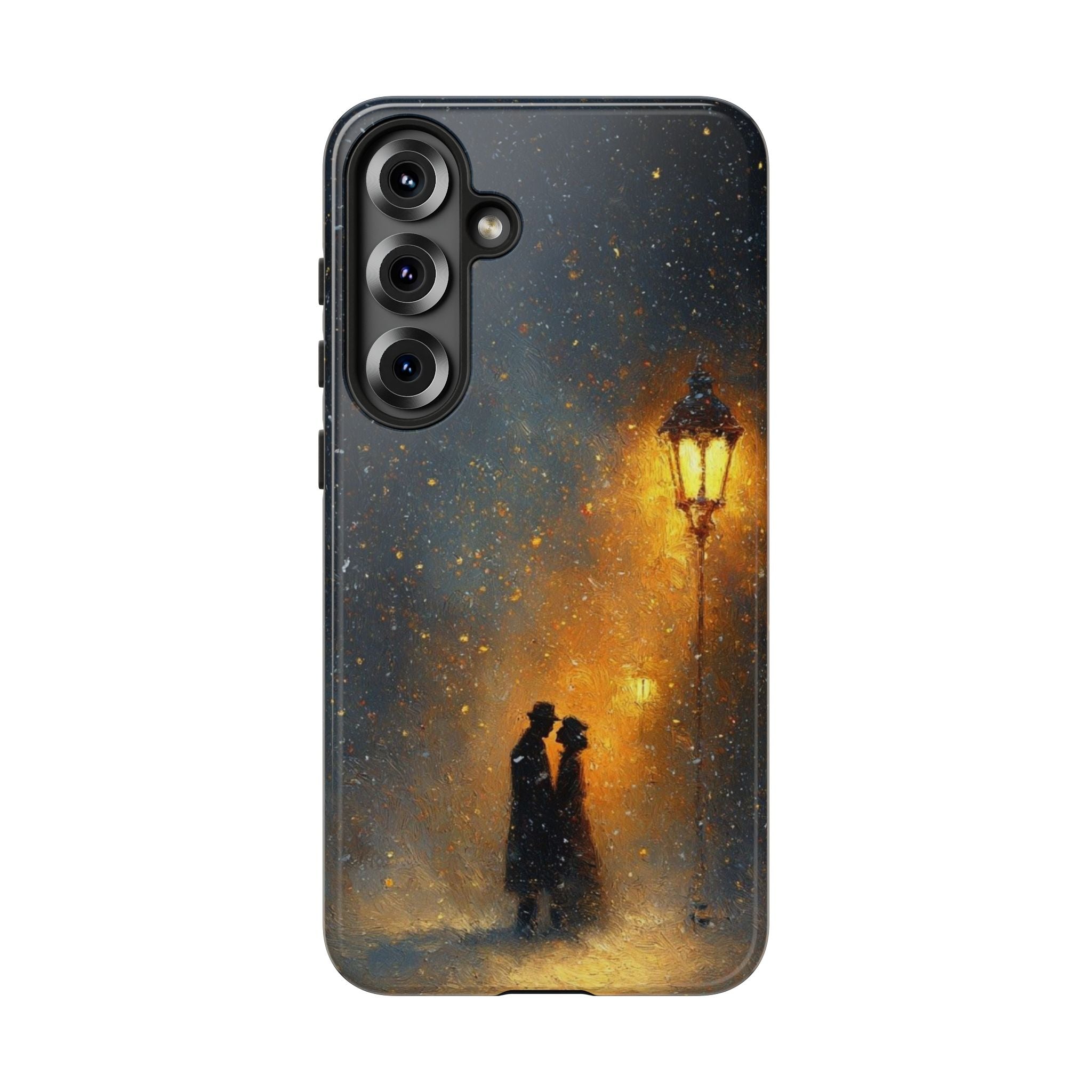 Romantic Snowy Street Phone Case — Vintage Couple Under Lamplight🌓🌙