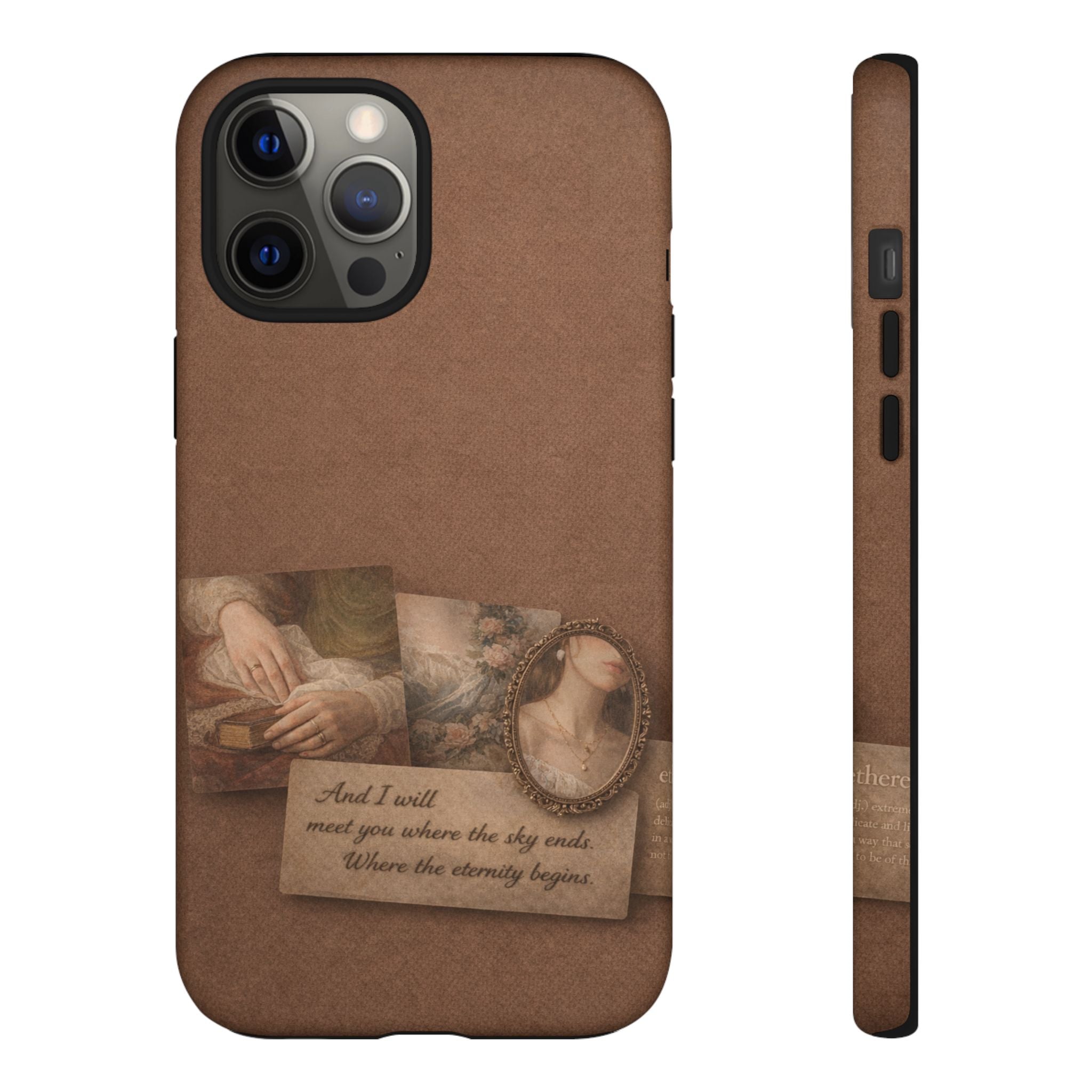 Vintage Brown Phone Case with Romantic Collage — "And I saw you where the sky ends"🌙