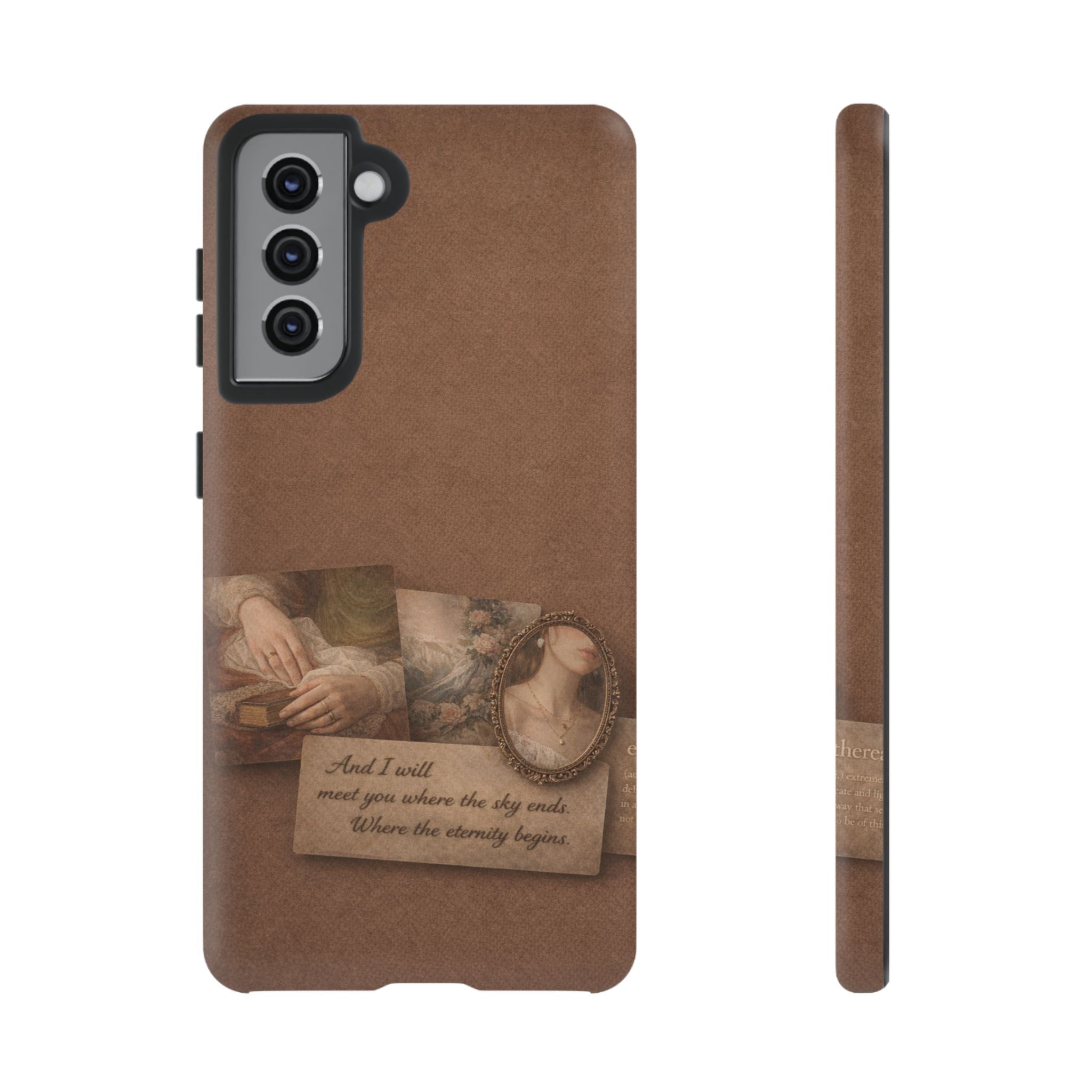 Vintage Brown Phone Case with Romantic Collage — "And I saw you where the sky ends"🌙