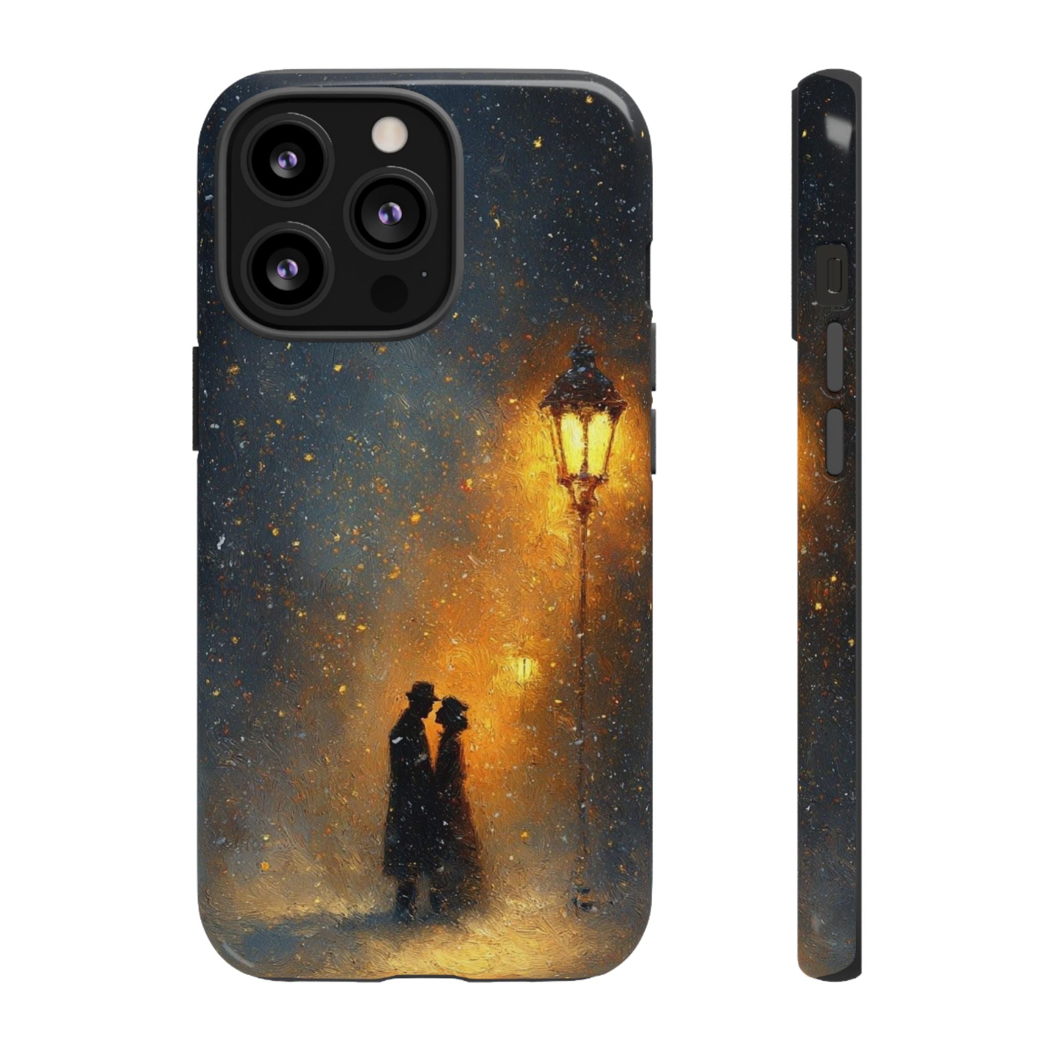 Romantic Snowy Street Phone Case — Vintage Couple Under Lamplight🌓🌙
