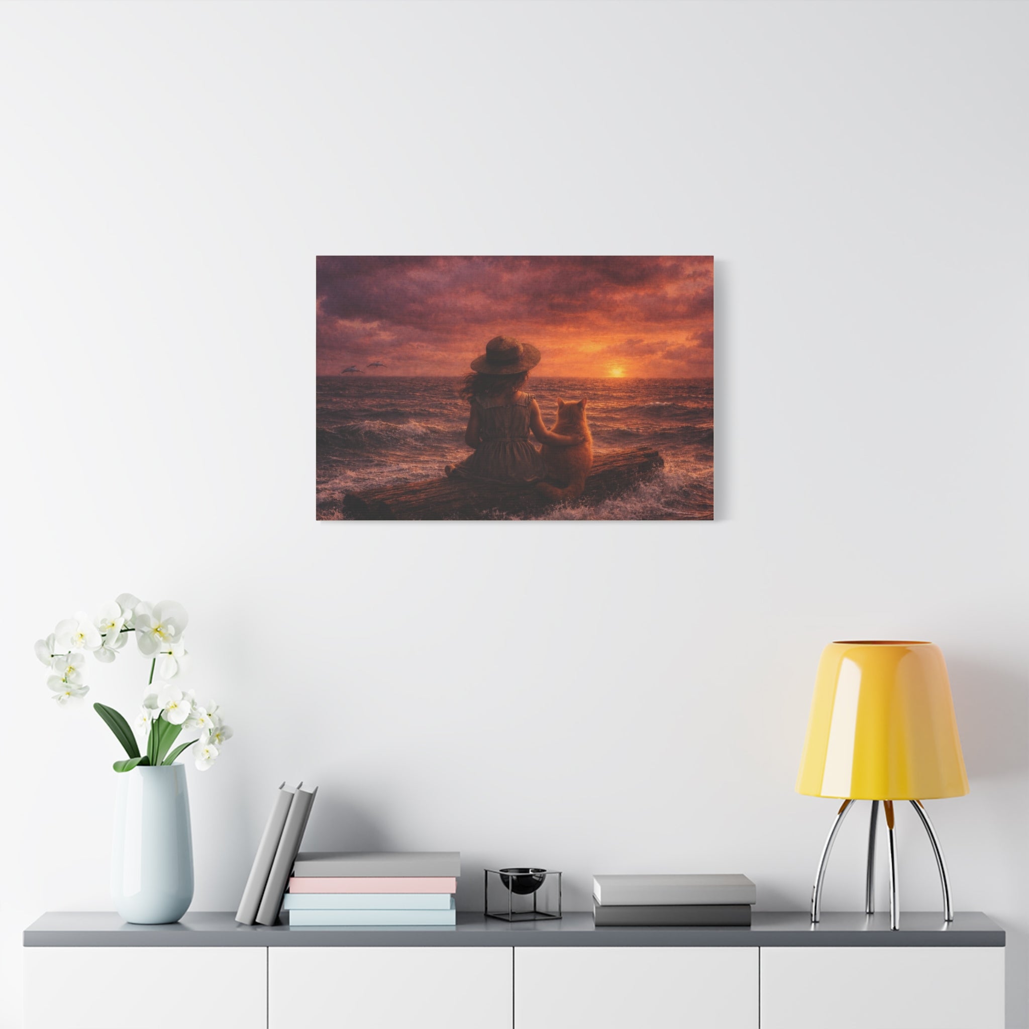 Quiet Companionship at Sunset – Girl & Cat Canvas Wall Art (Matte Stretched) 🌅