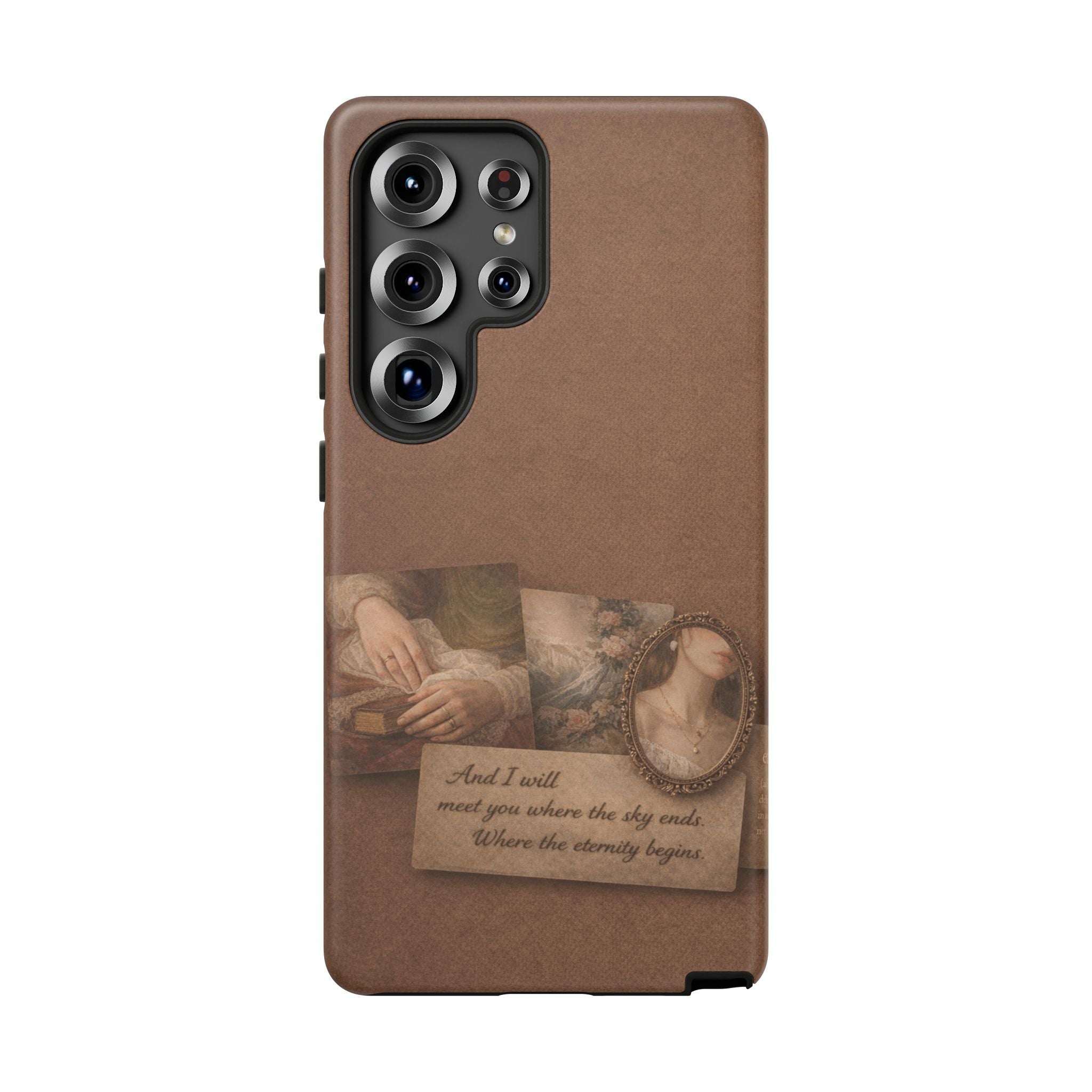 Vintage Brown Phone Case with Romantic Collage — "And I saw you where the sky ends"🌙