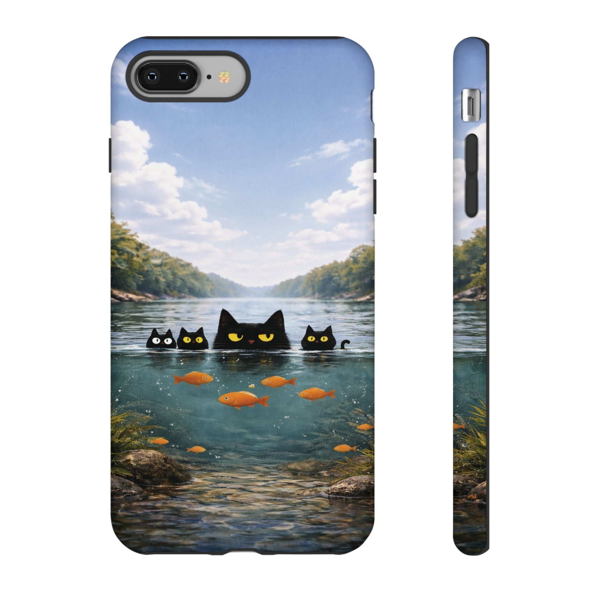 Cat Lake Tough Phone Case — Black Cats & Goldfish Scenic Protective Cover🐶🐾