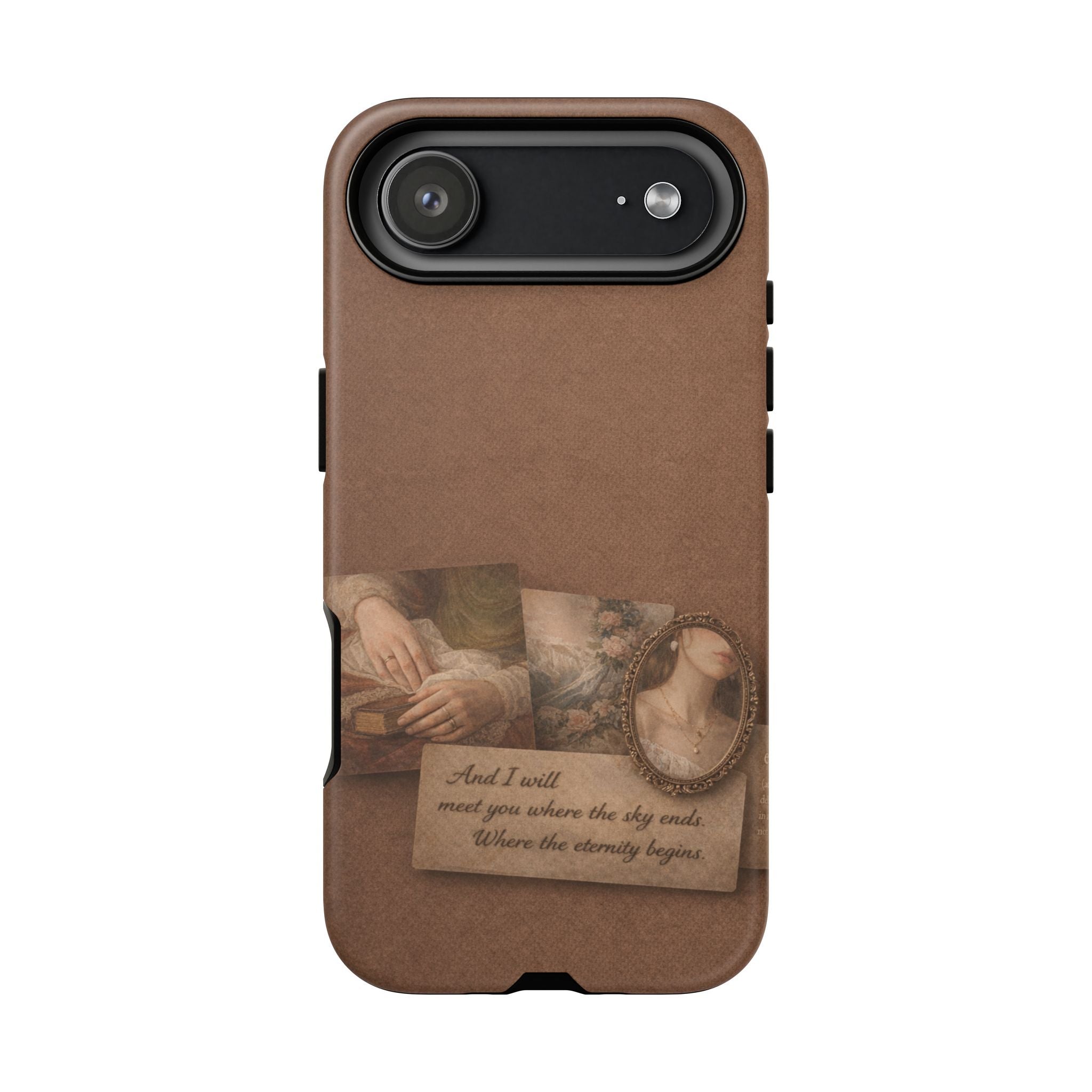 Vintage Brown Phone Case with Romantic Collage — "And I saw you where the sky ends"🌙