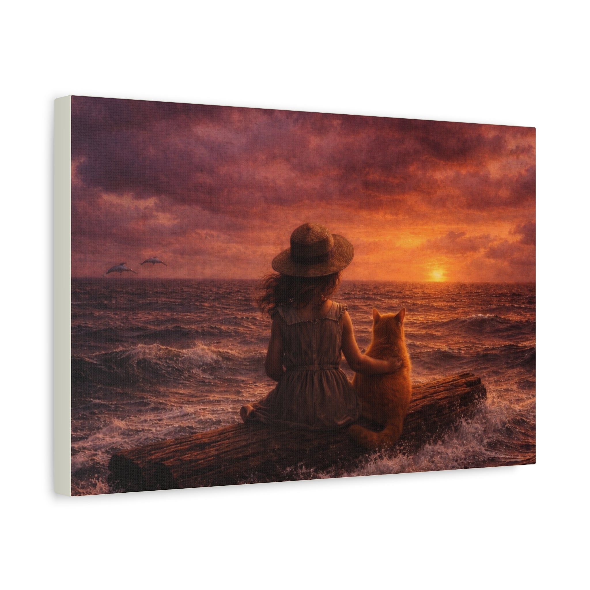 Quiet Companionship at Sunset – Girl & Cat Canvas Wall Art (Matte Stretched) 🌅