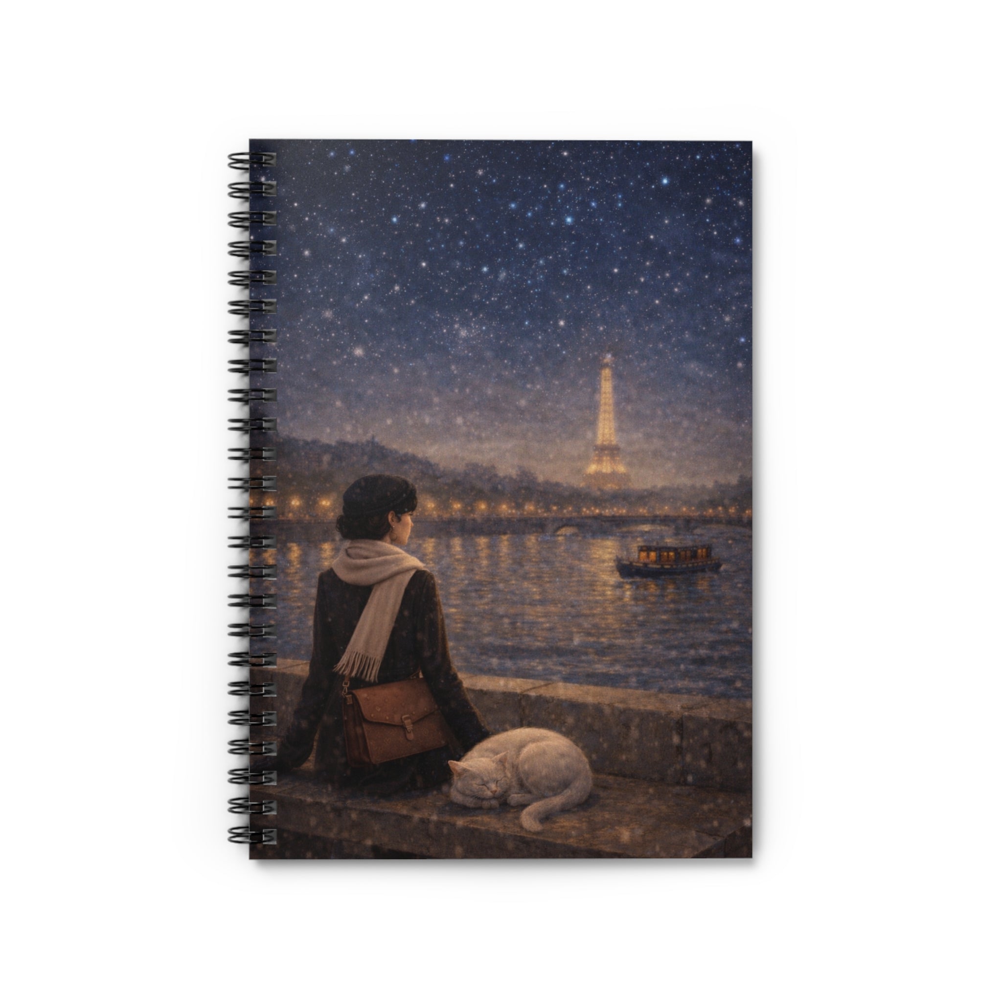 Paris Night Reverie Notebook — Vintage Woman & Cat | Old Money Parisian Journal (Spiral)