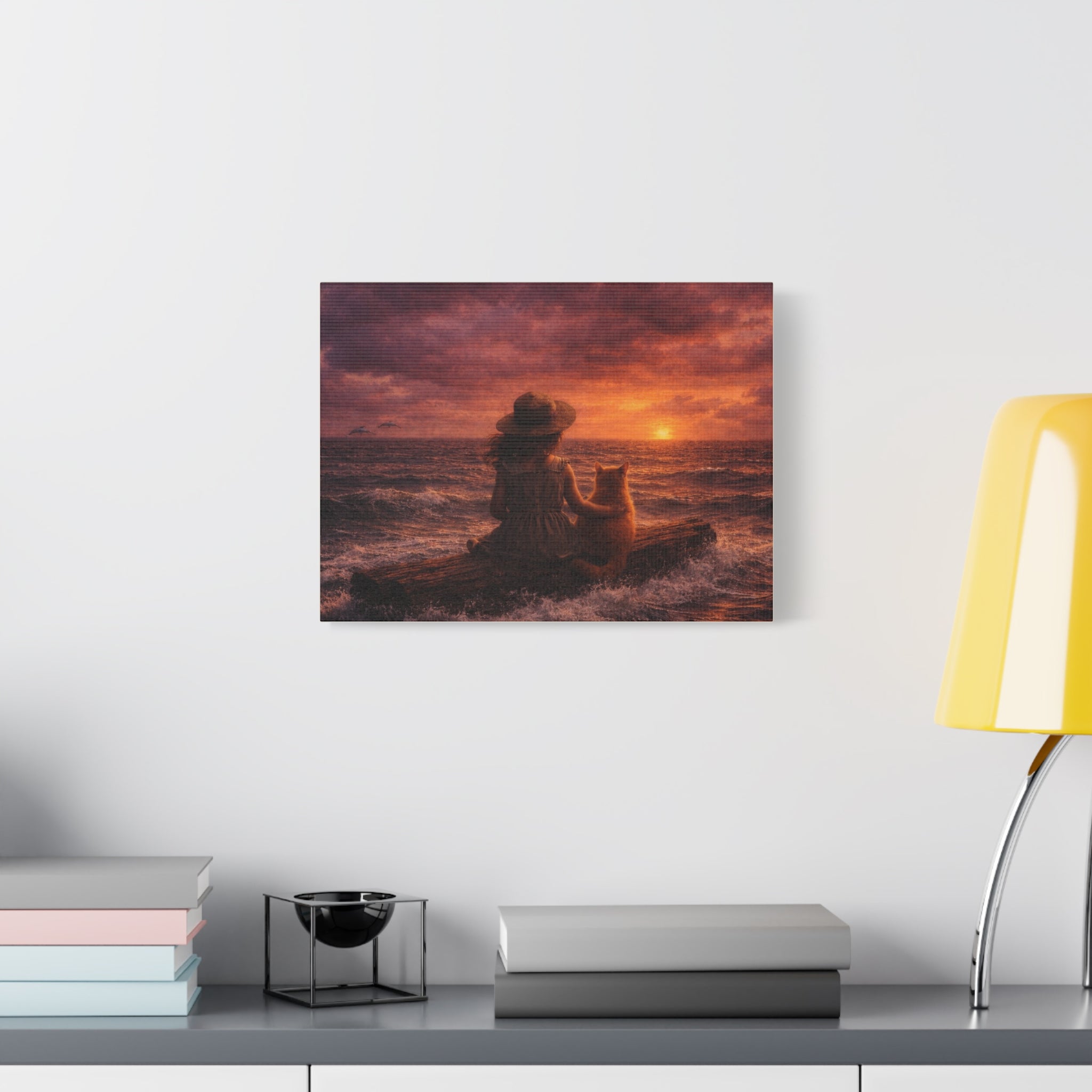 Quiet Companionship at Sunset – Girl & Cat Canvas Wall Art (Matte Stretched) 🌅