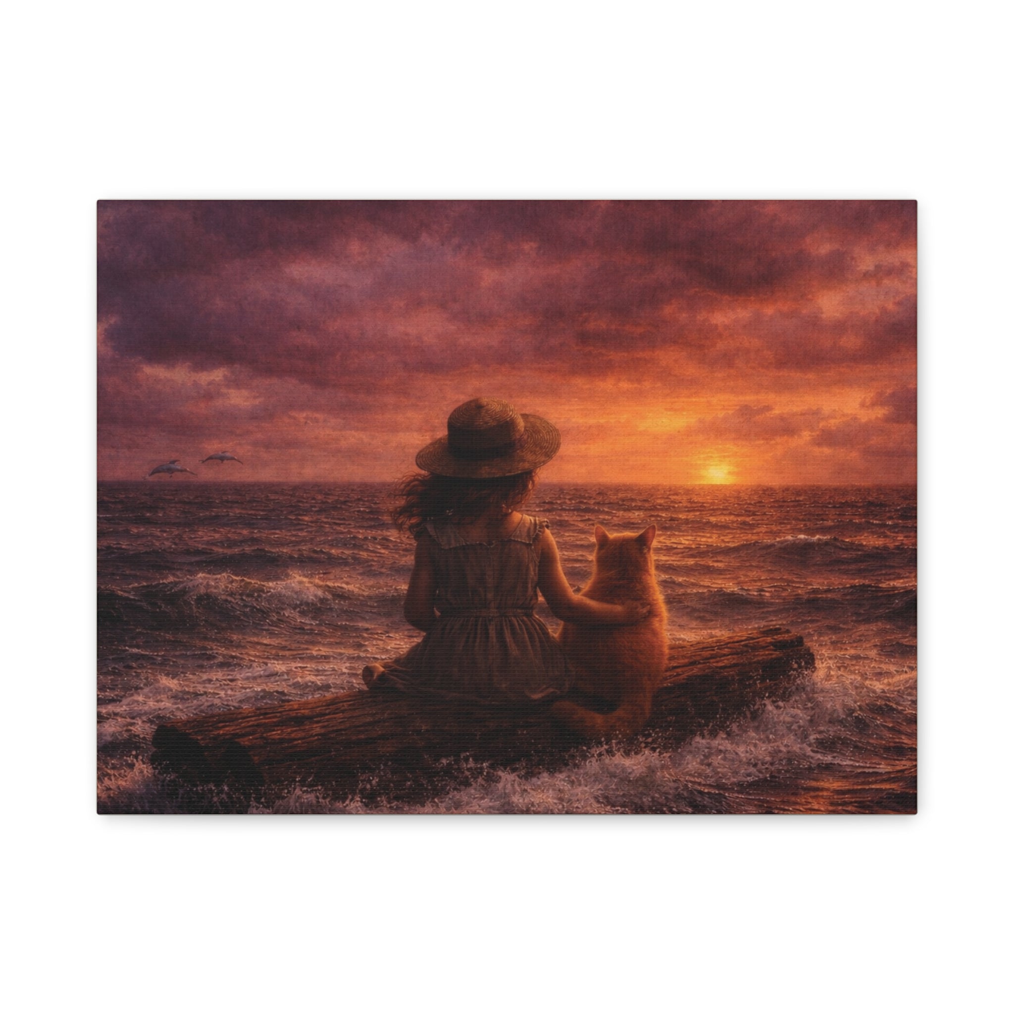 Quiet Companionship at Sunset – Girl & Cat Canvas Wall Art (Matte Stretched) 🌅