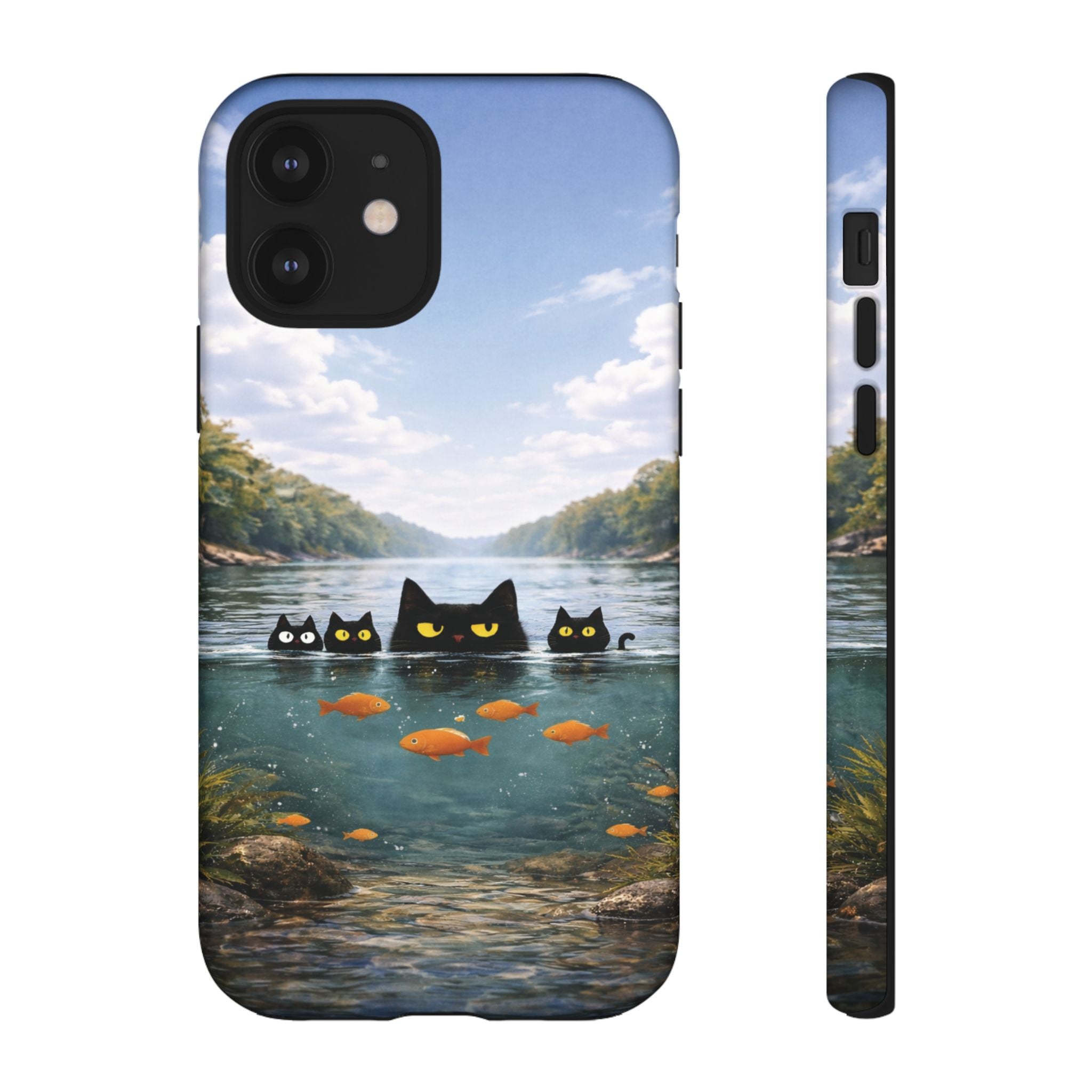 Cat Lake Tough Phone Case — Black Cats & Goldfish Scenic Protective Cover🐶🐾