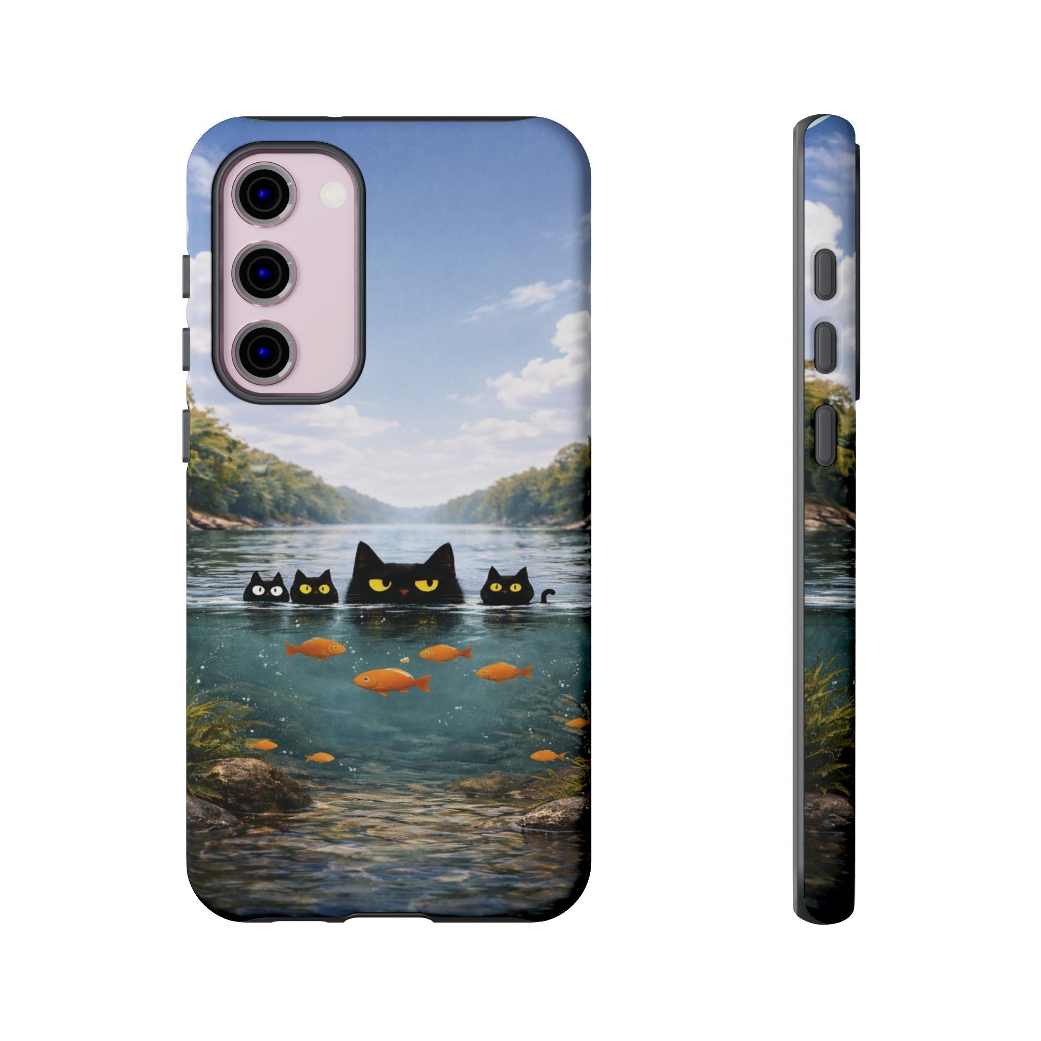 Cat Lake Tough Phone Case — Black Cats & Goldfish Scenic Protective Cover🐶🐾