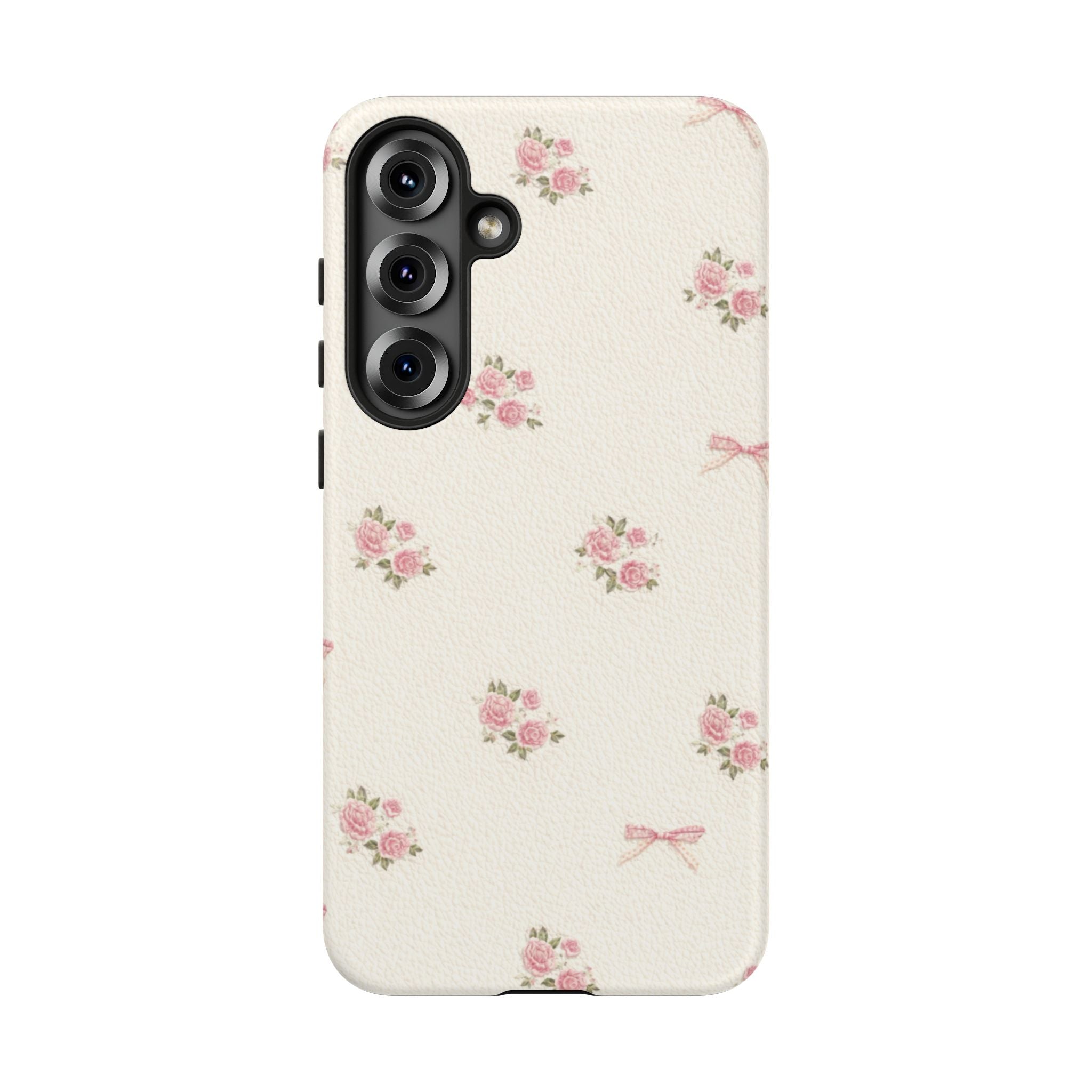 Floral Bow Tough Phone Case — Vintage Pink Rose Pattern🌷🎀