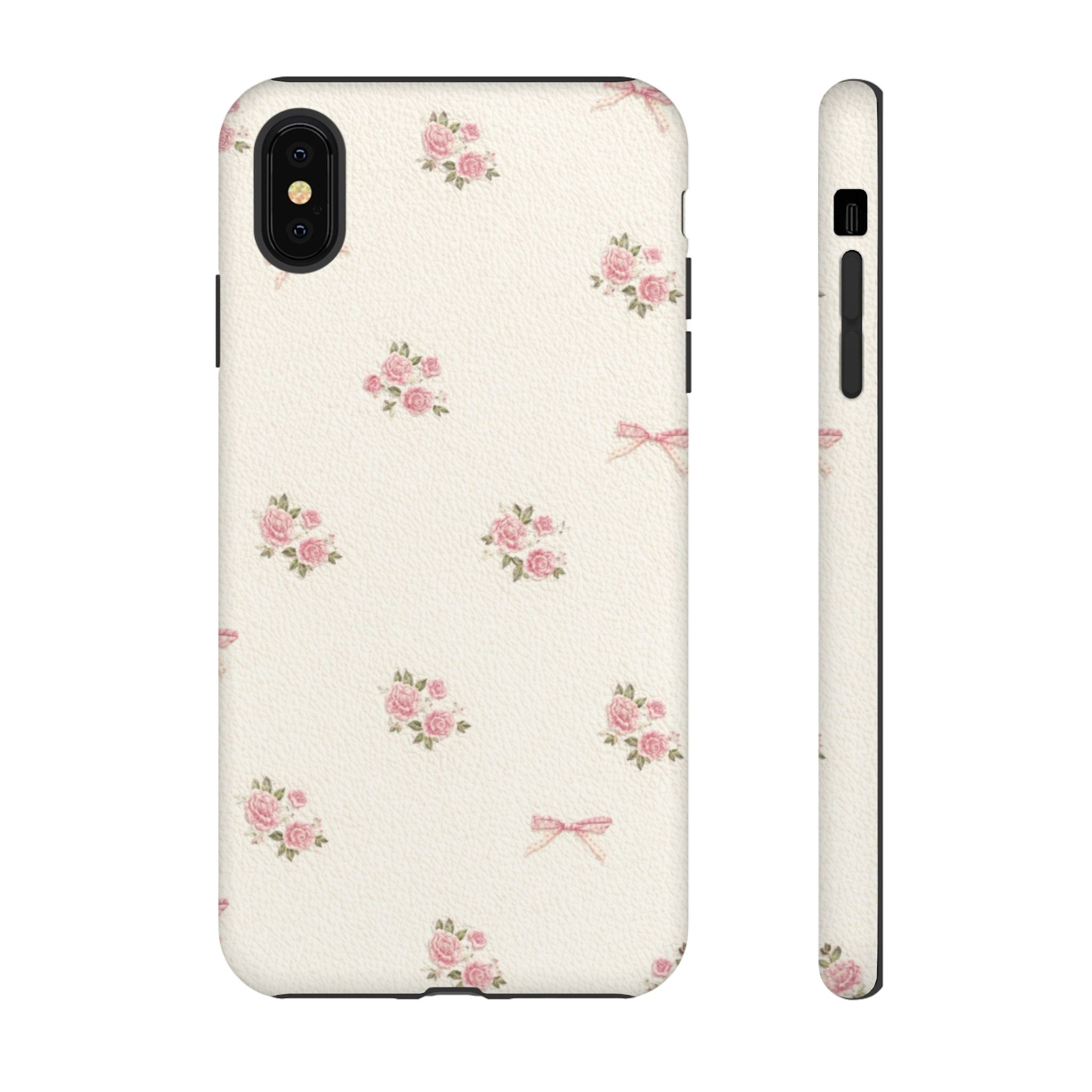 Floral Bow Tough Phone Case — Vintage Pink Rose Pattern🌷🎀