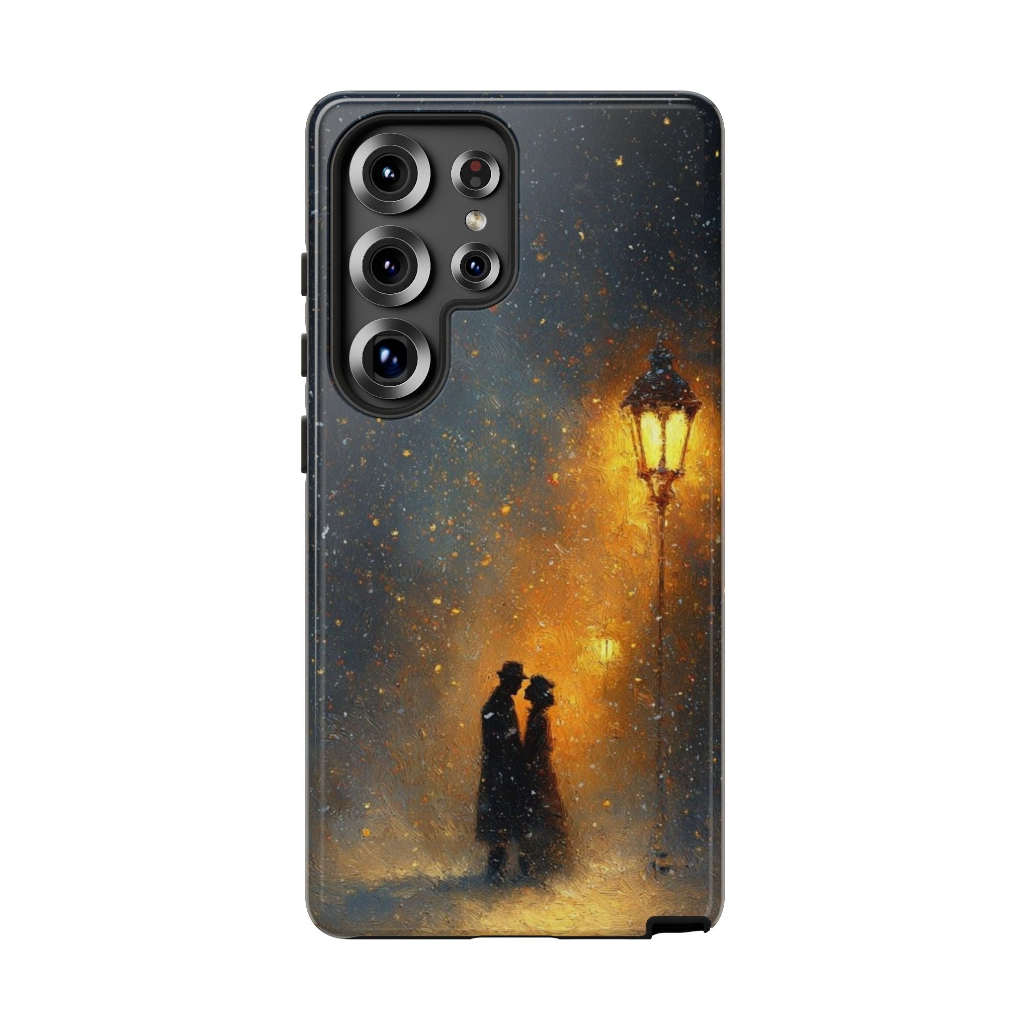 Romantic Snowy Street Phone Case — Vintage Couple Under Lamplight🌓🌙