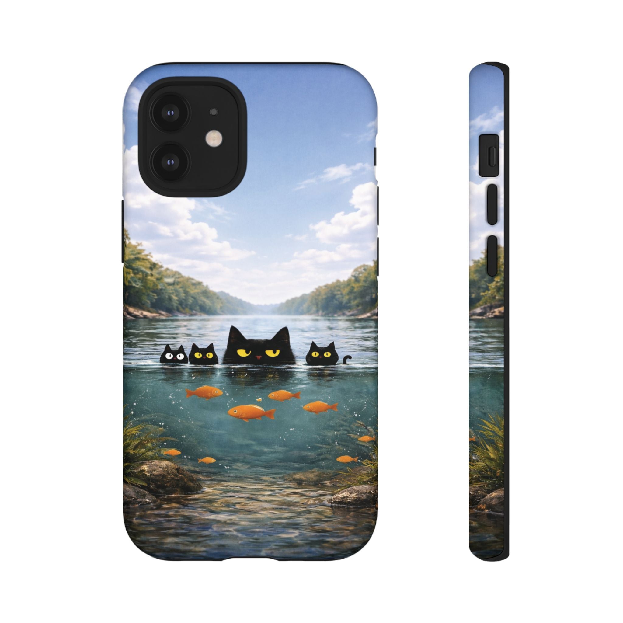 Cat Lake Tough Phone Case — Black Cats & Goldfish Scenic Protective Cover🐶🐾