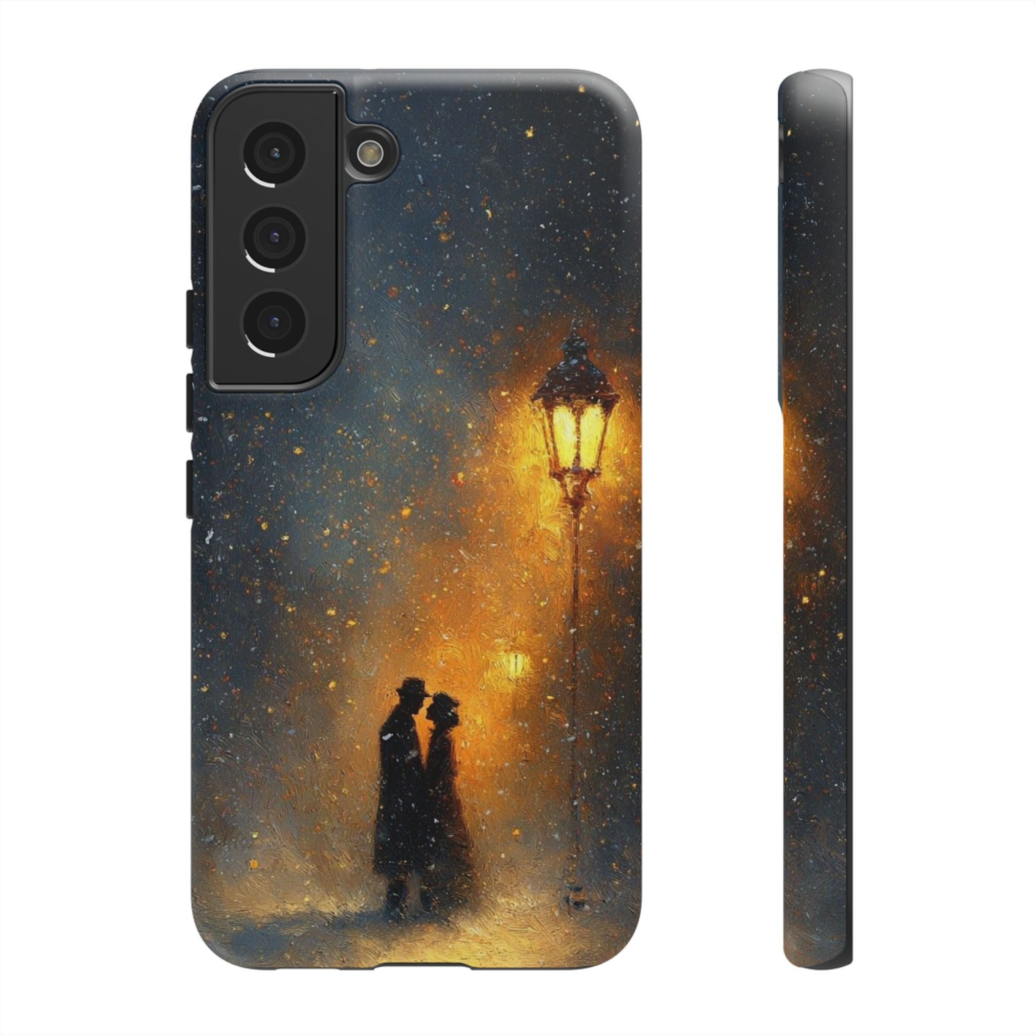 Romantic Snowy Street Phone Case — Vintage Couple Under Lamplight🌓🌙