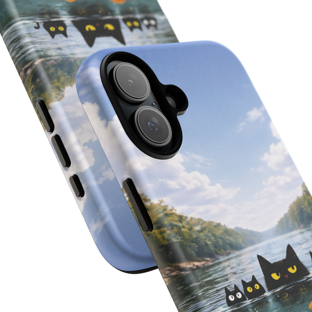 Cat Lake Tough Phone Case — Black Cats & Goldfish Scenic Protective Cover🐶🐾