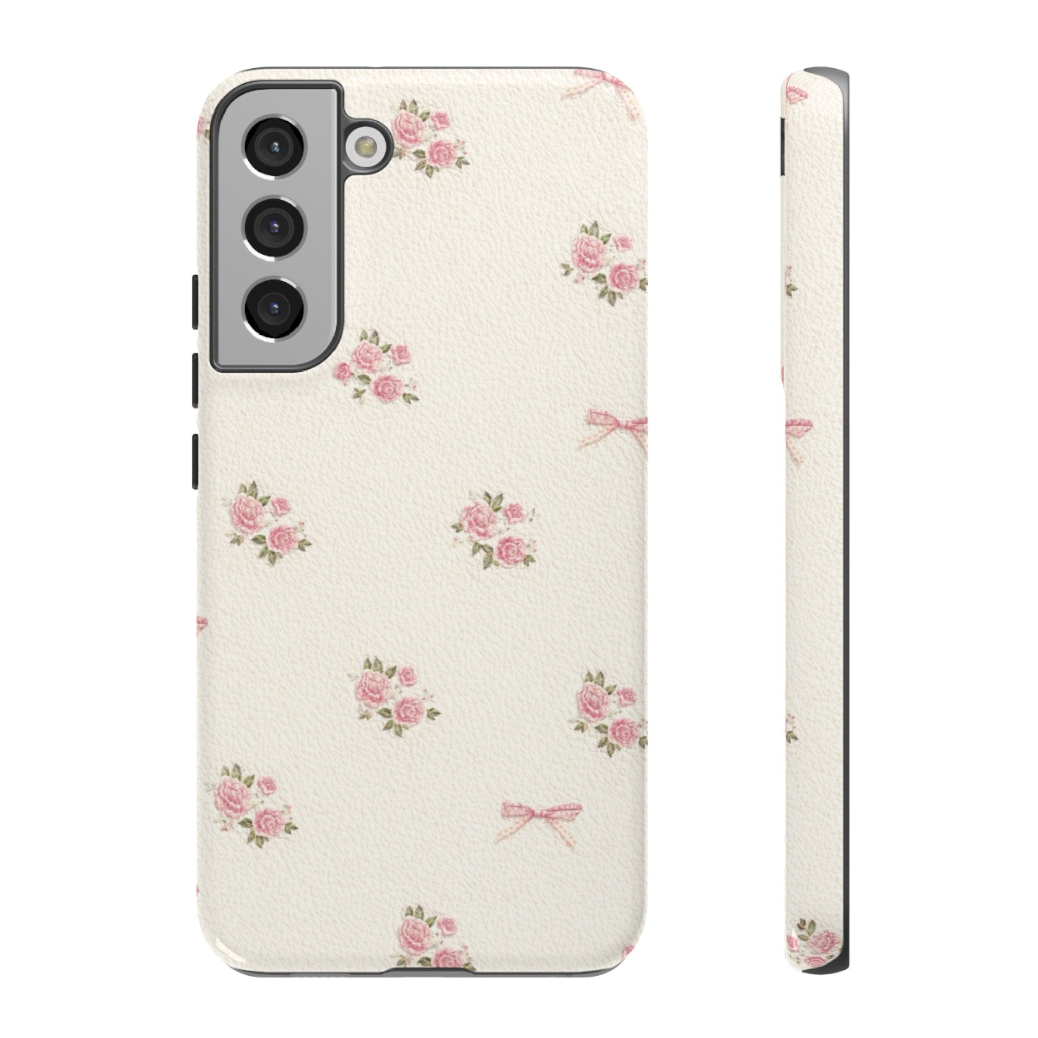 Floral Bow Tough Phone Case — Vintage Pink Rose Pattern🌷🎀