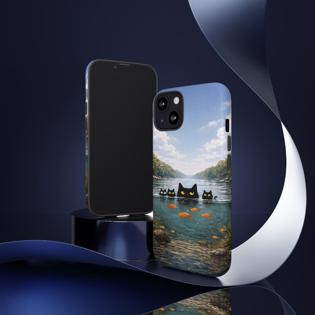 Cat Lake Tough Phone Case — Black Cats & Goldfish Scenic Protective Cover🐶🐾