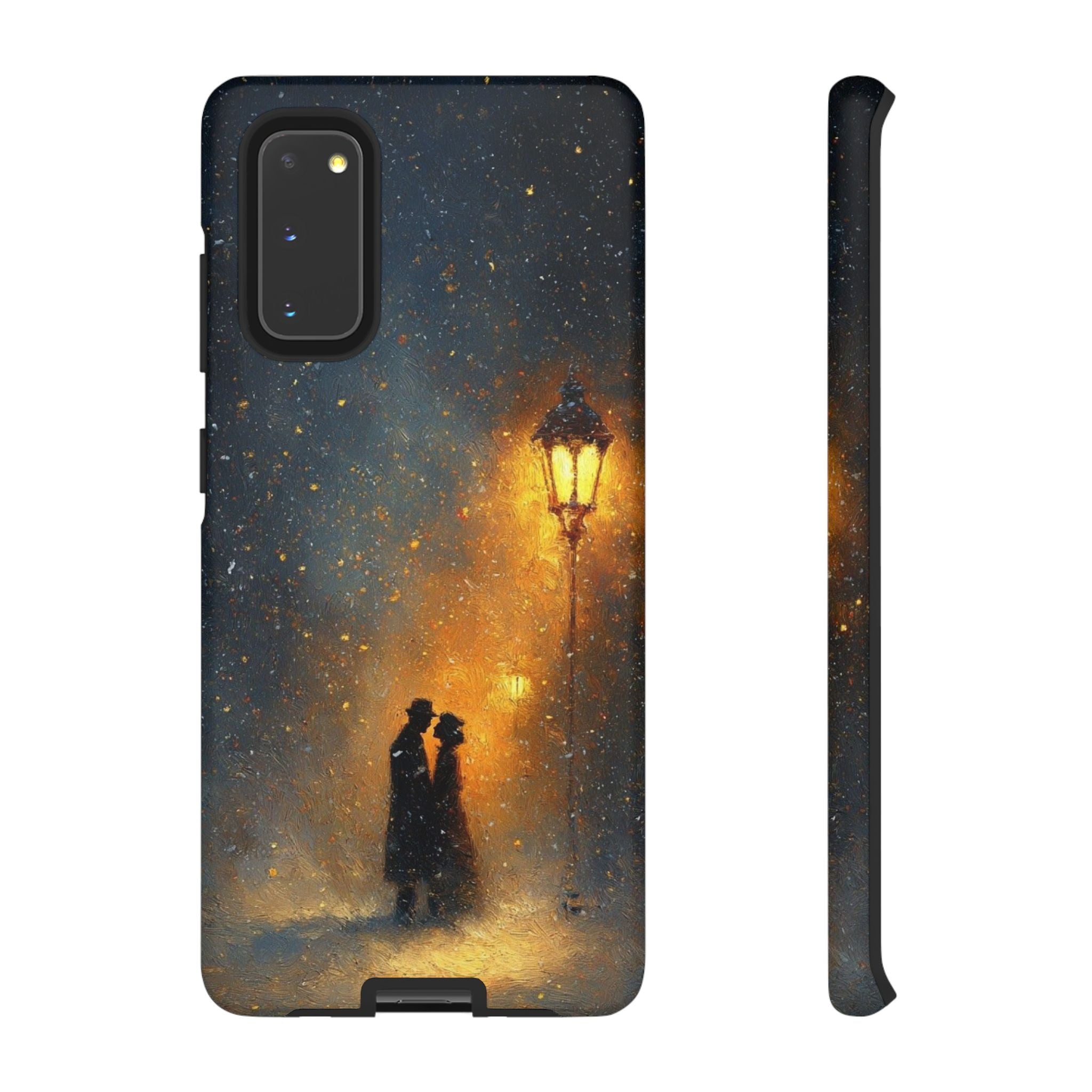 Romantic Snowy Street Phone Case — Vintage Couple Under Lamplight🌓🌙