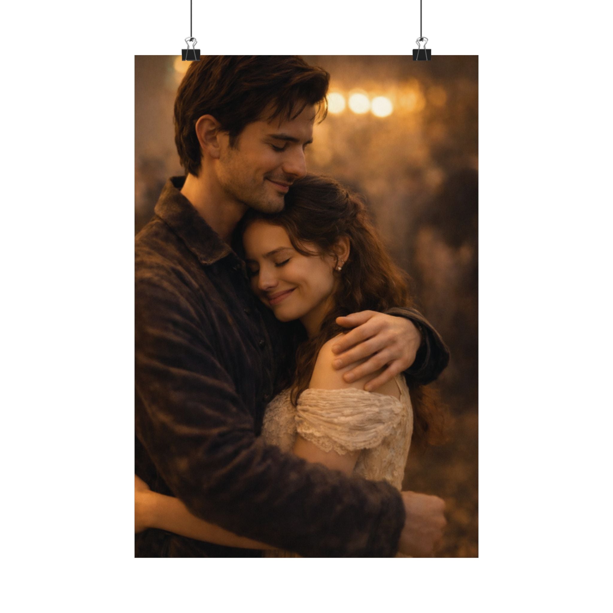 Golden Embrace — Romantic Couple Matte Poster | Warm Cinematic Love Wall Art