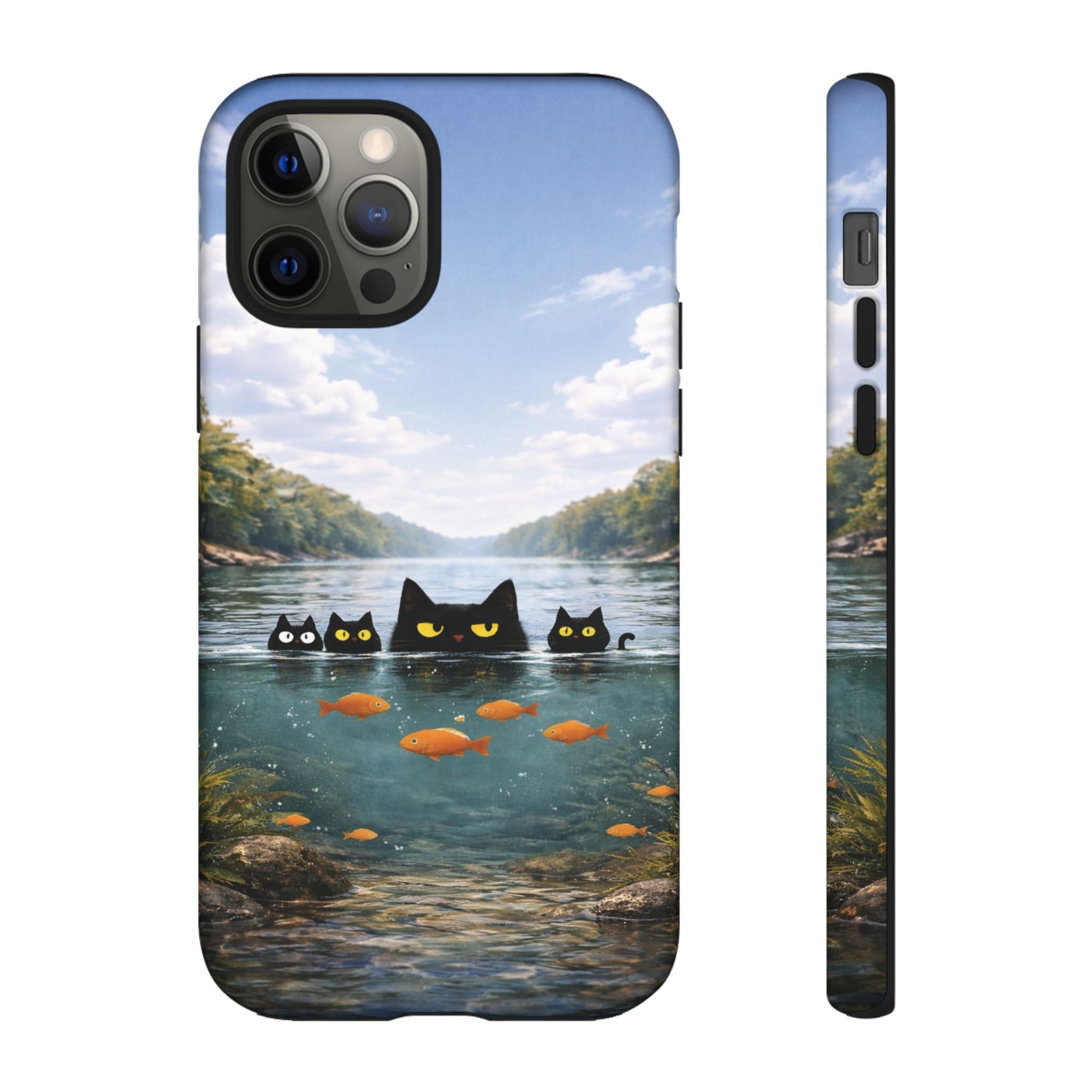 Cat Lake Tough Phone Case — Black Cats & Goldfish Scenic Protective Cover🐶🐾