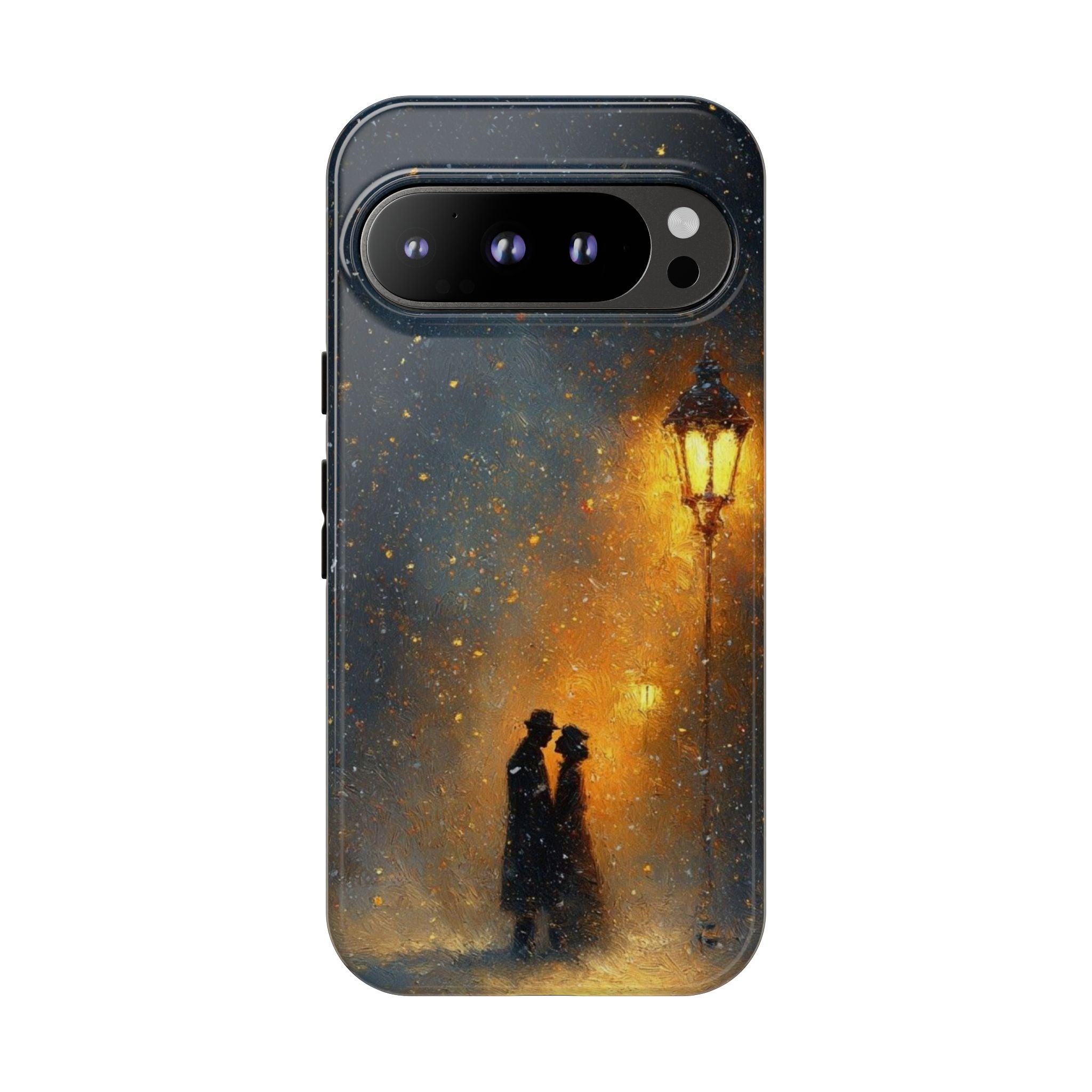 Romantic Snowy Street Phone Case — Vintage Couple Under Lamplight🌓🌙