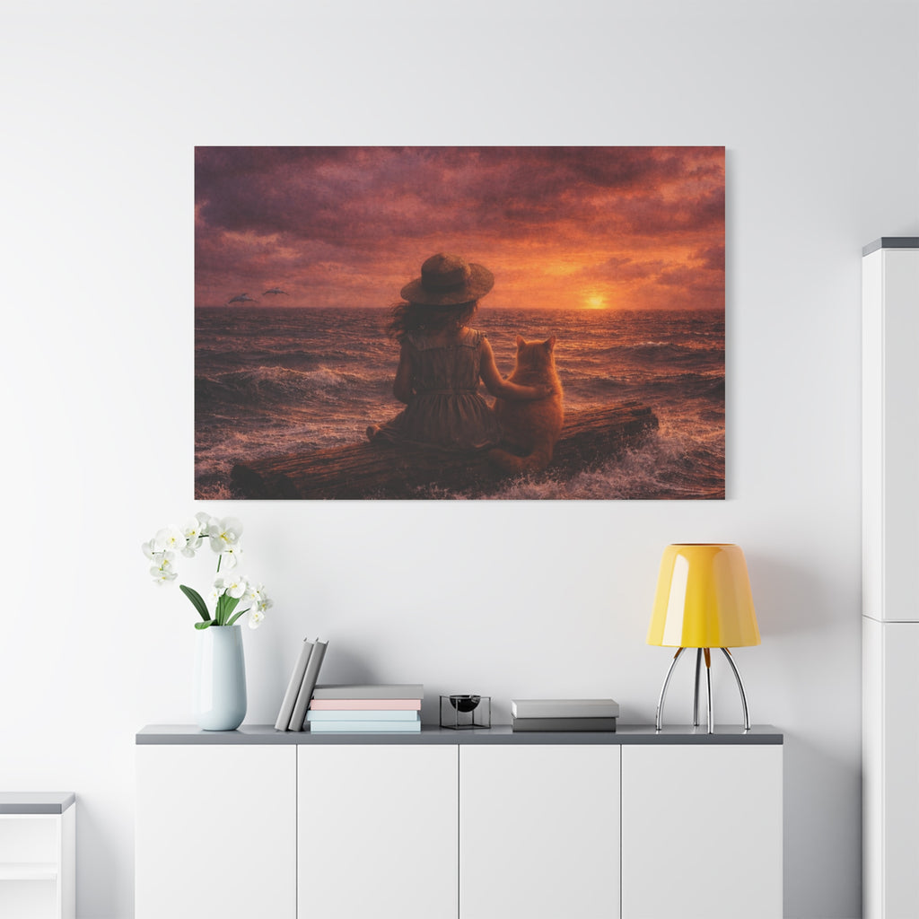 Quiet Companionship at Sunset – Girl & Cat Canvas Wall Art (Matte Stretched) 🌅