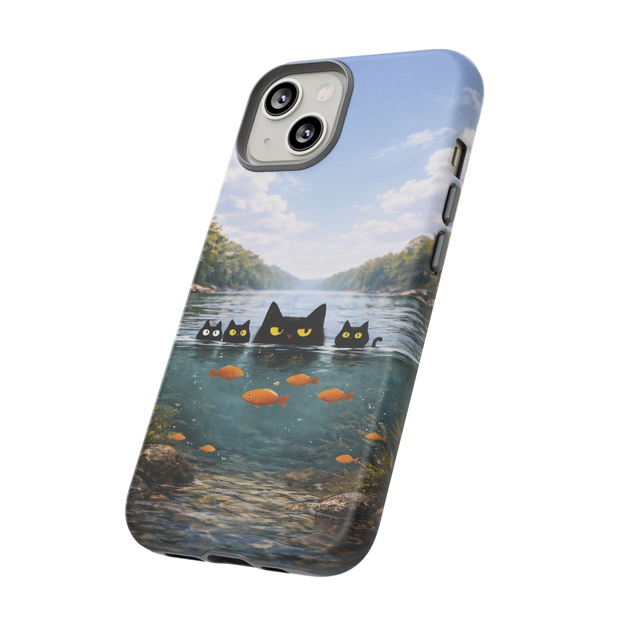 Cat Lake Tough Phone Case — Black Cats & Goldfish Scenic Protective Cover🐶🐾