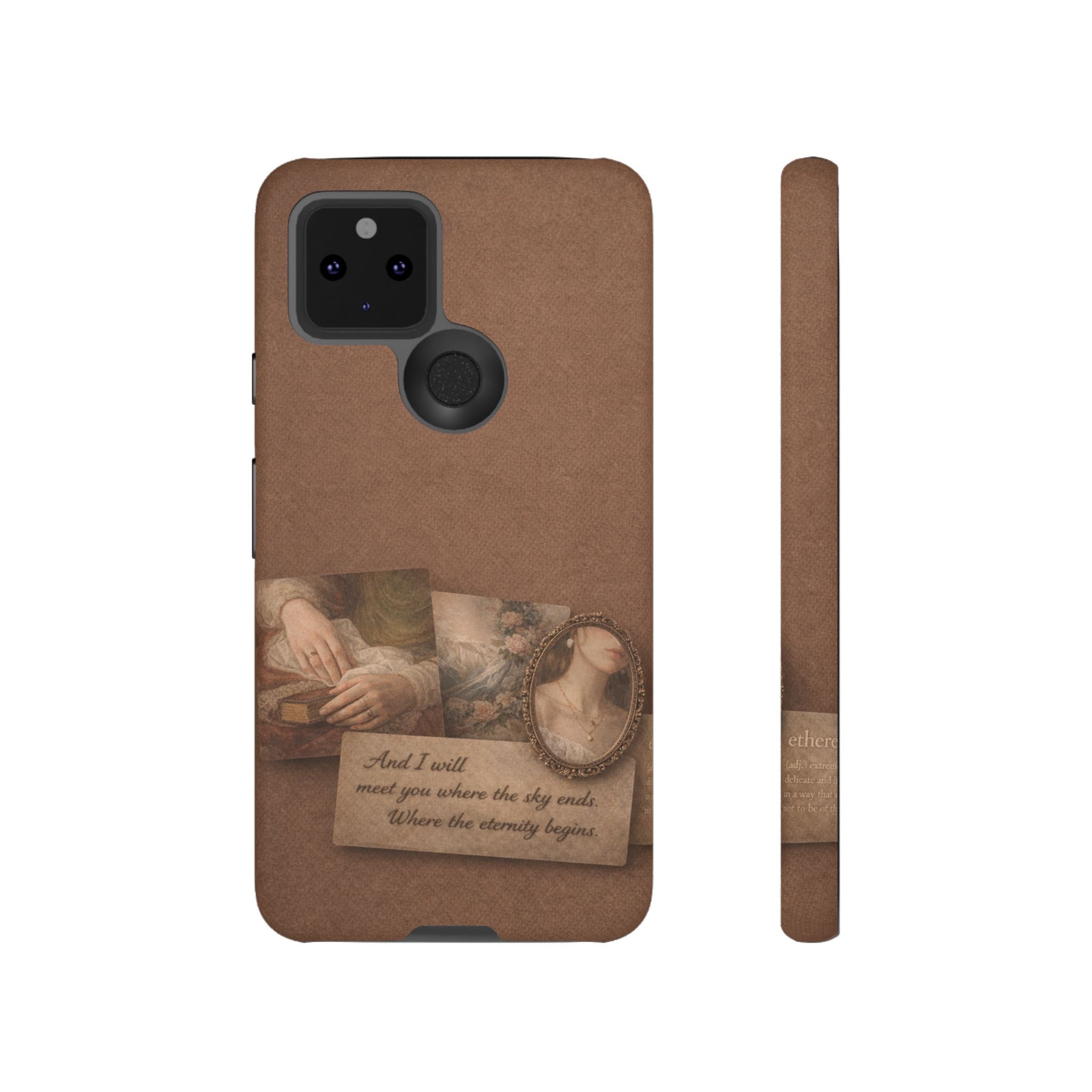 Vintage Brown Phone Case with Romantic Collage — "And I saw you where the sky ends"🌙