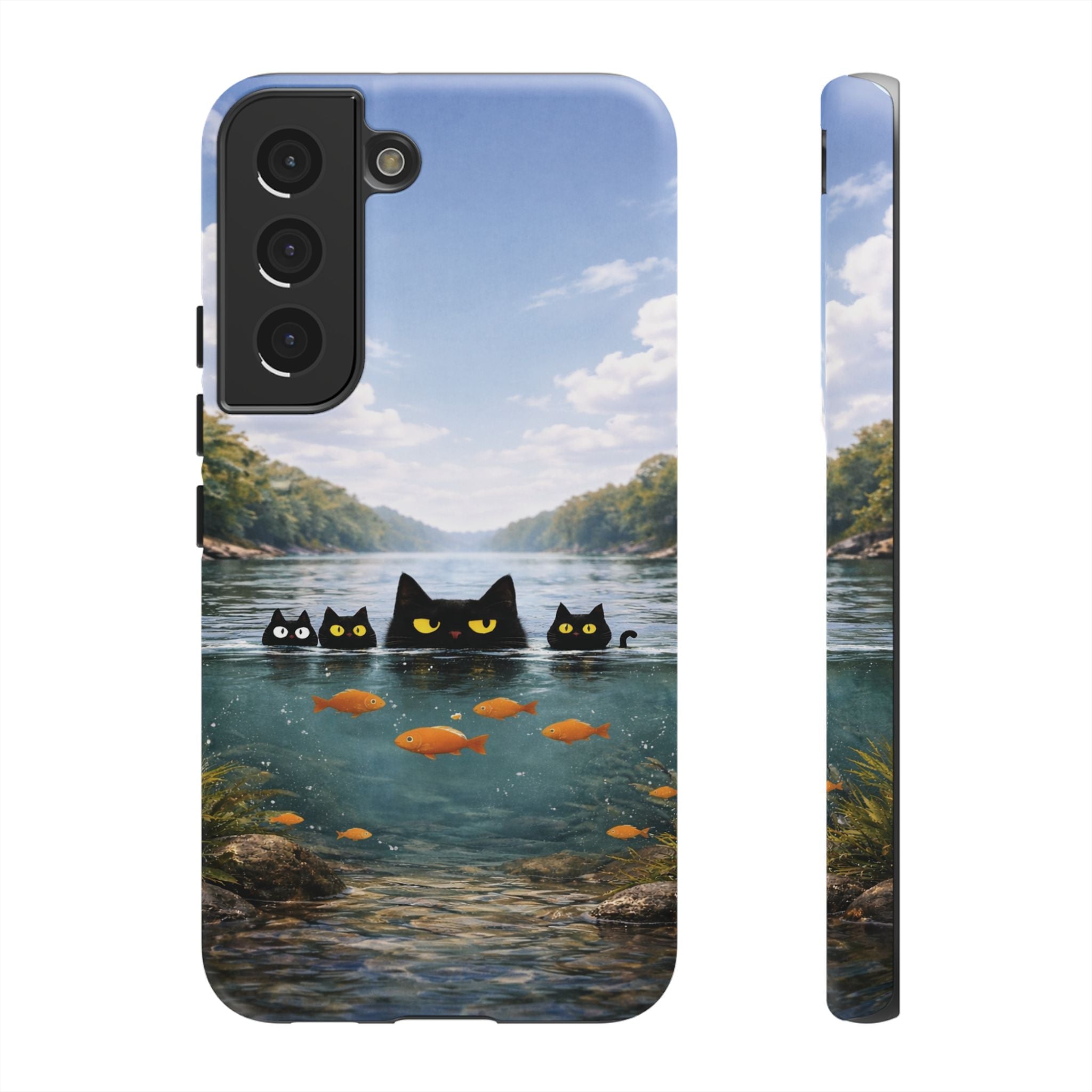 Cat Lake Tough Phone Case — Black Cats & Goldfish Scenic Protective Cover🐶🐾