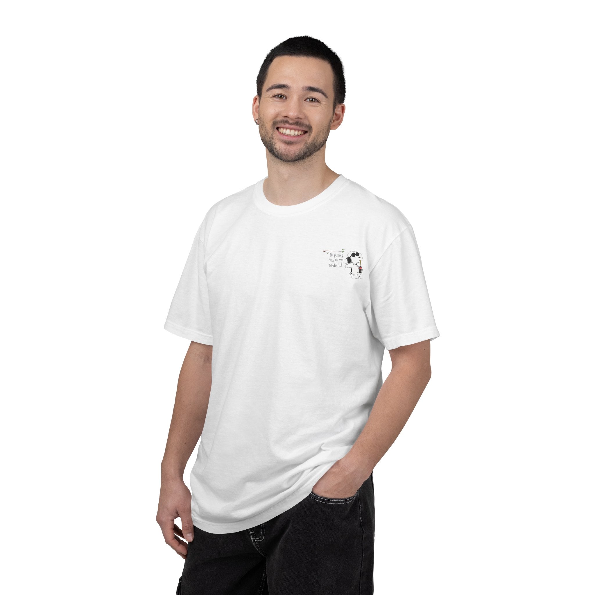 Minimal Snoopy-Inspired Graphic T-Shirt – Small Front Cartoon Design