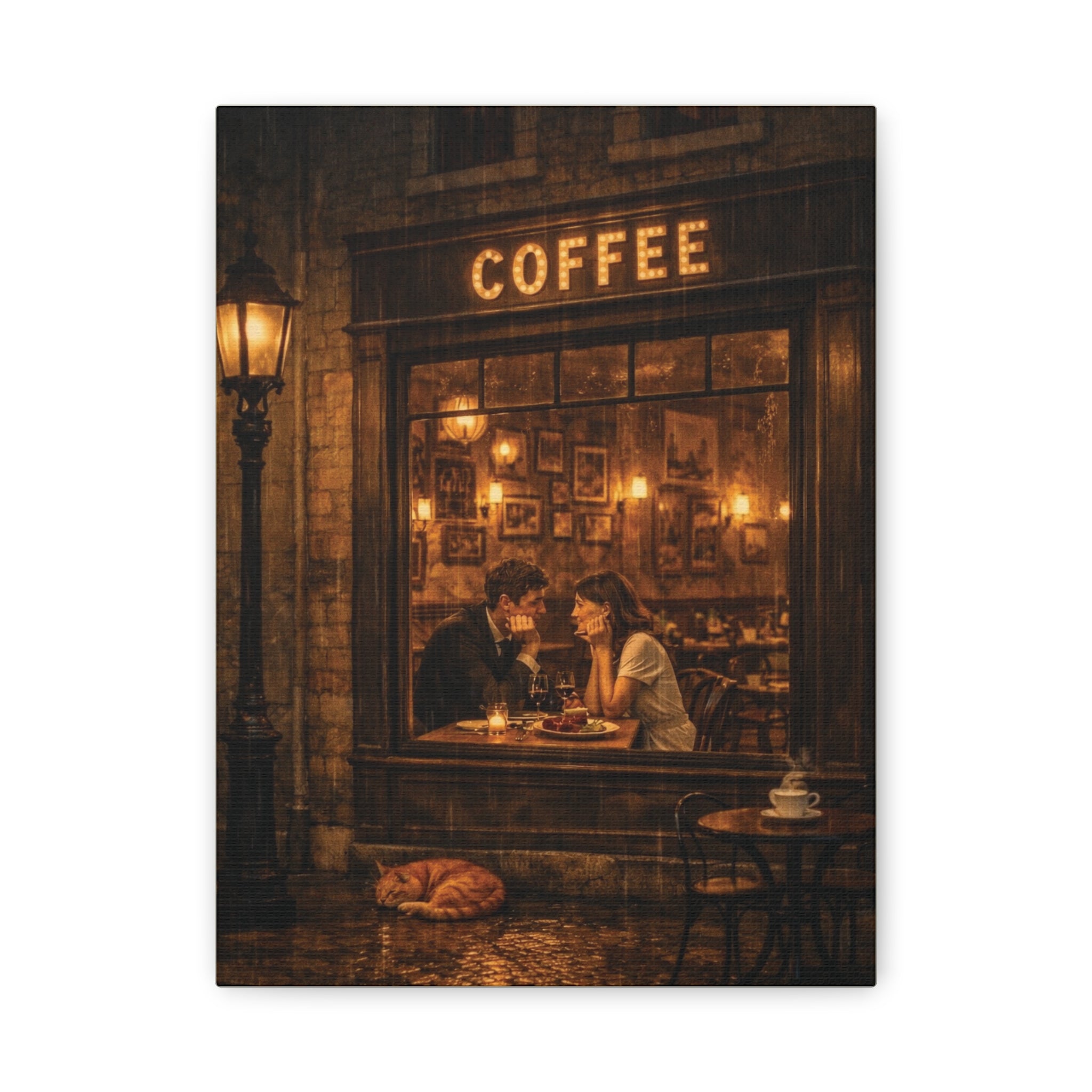 Coffee Shop Romance ☕🌧️ | Vintage Rainy Night Café Canvas Wall Art