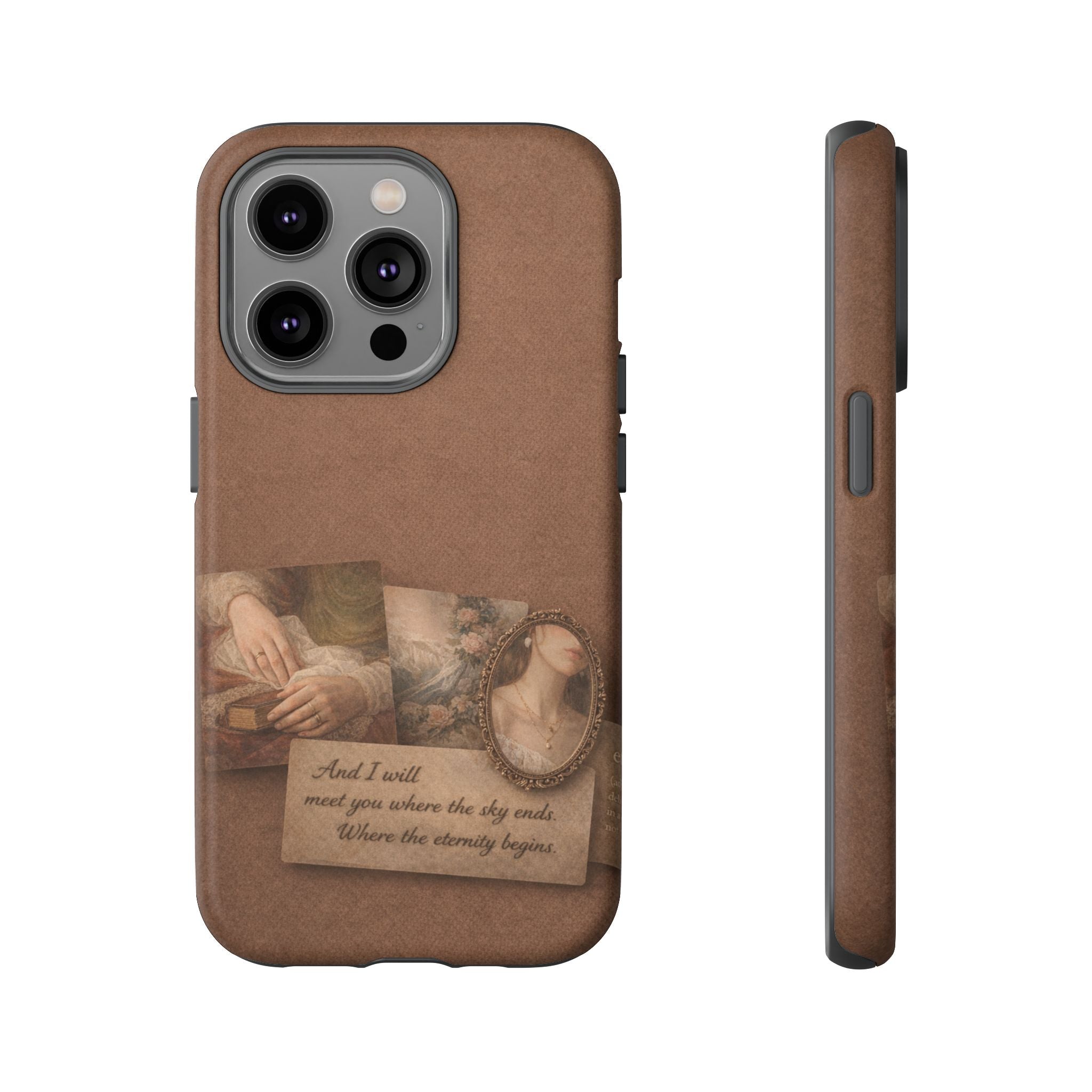 Vintage Brown Phone Case with Romantic Collage — "And I saw you where the sky ends"🌙