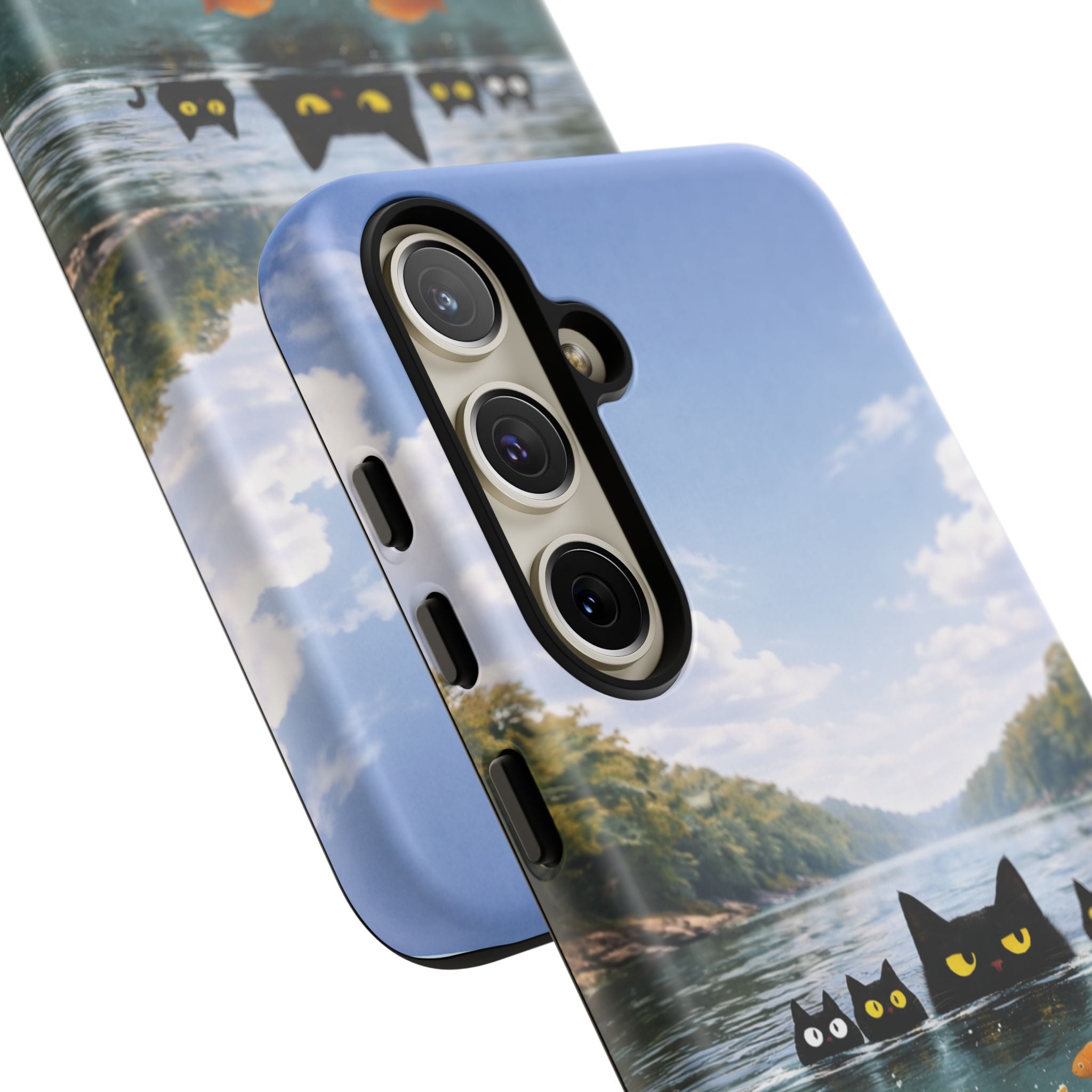 Cat Lake Tough Phone Case — Black Cats & Goldfish Scenic Protective Cover🐶🐾