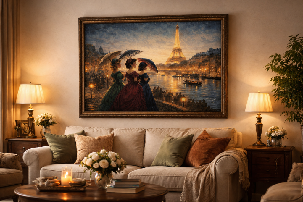 A Parisian Evening – Romantic Vintage Canvas Art by the Seine