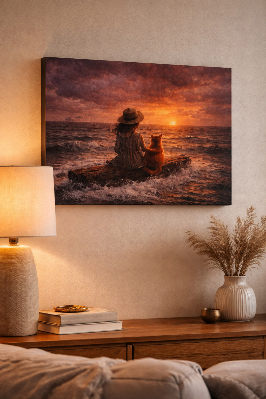 Quiet Companionship at Sunset – Girl & Cat Canvas Wall Art (Matte Stretched) 🌅