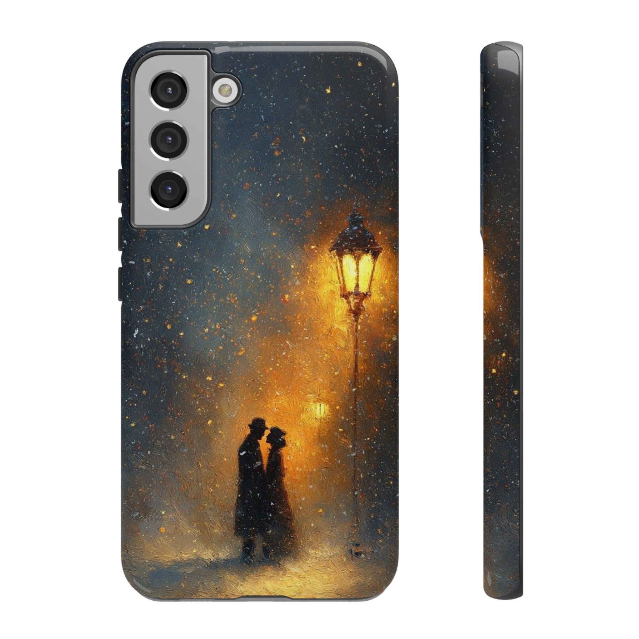 Romantic Snowy Street Phone Case — Vintage Couple Under Lamplight🌓🌙