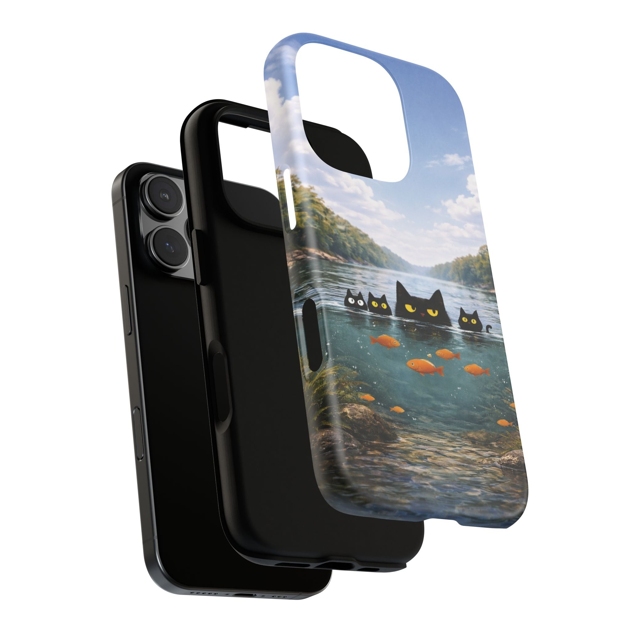 Cat Lake Tough Phone Case — Black Cats & Goldfish Scenic Protective Cover🐶🐾