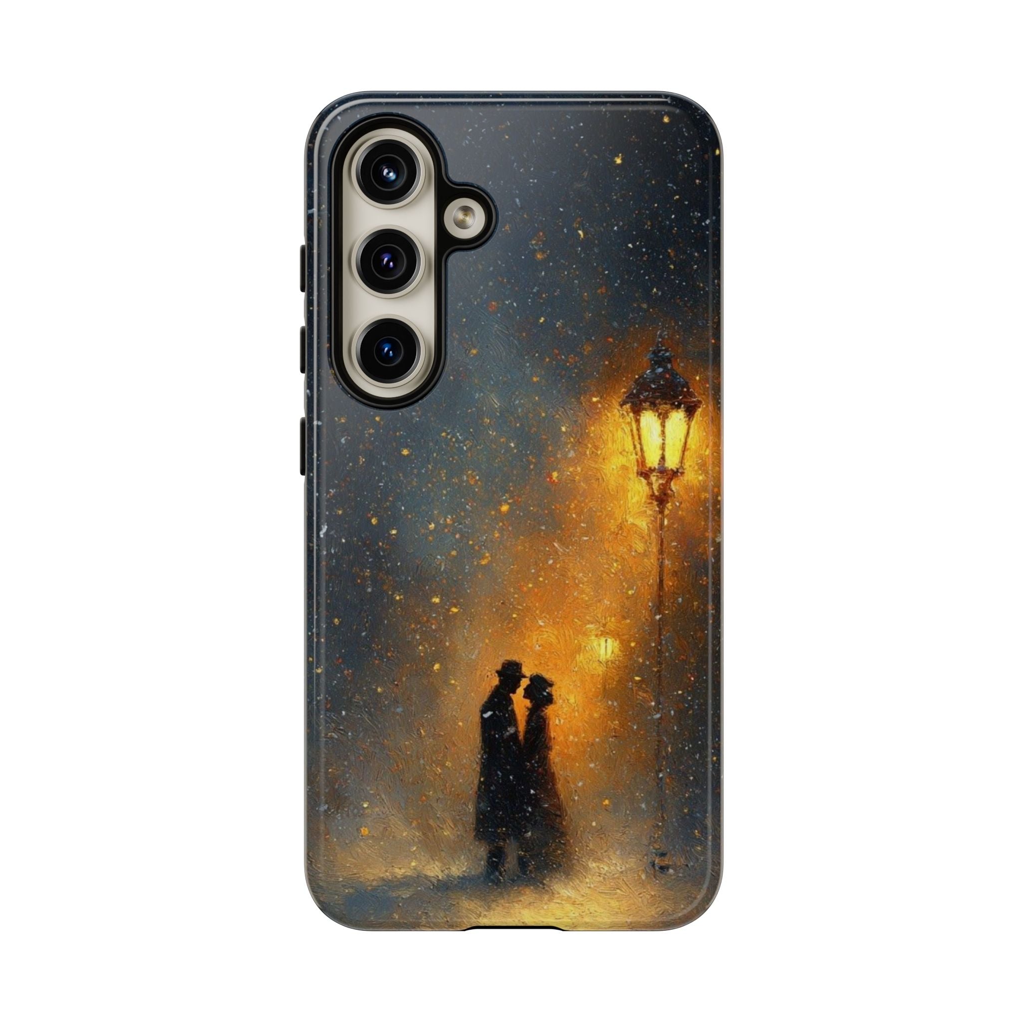 Romantic Snowy Street Phone Case — Vintage Couple Under Lamplight🌓🌙