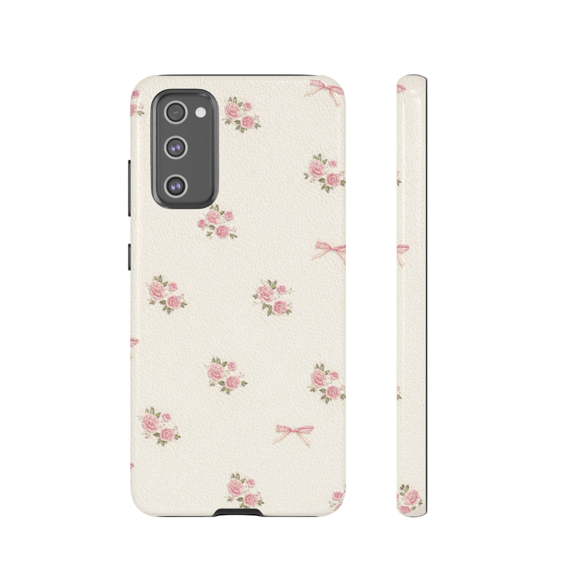 Floral Bow Tough Phone Case — Vintage Pink Rose Pattern🌷🎀