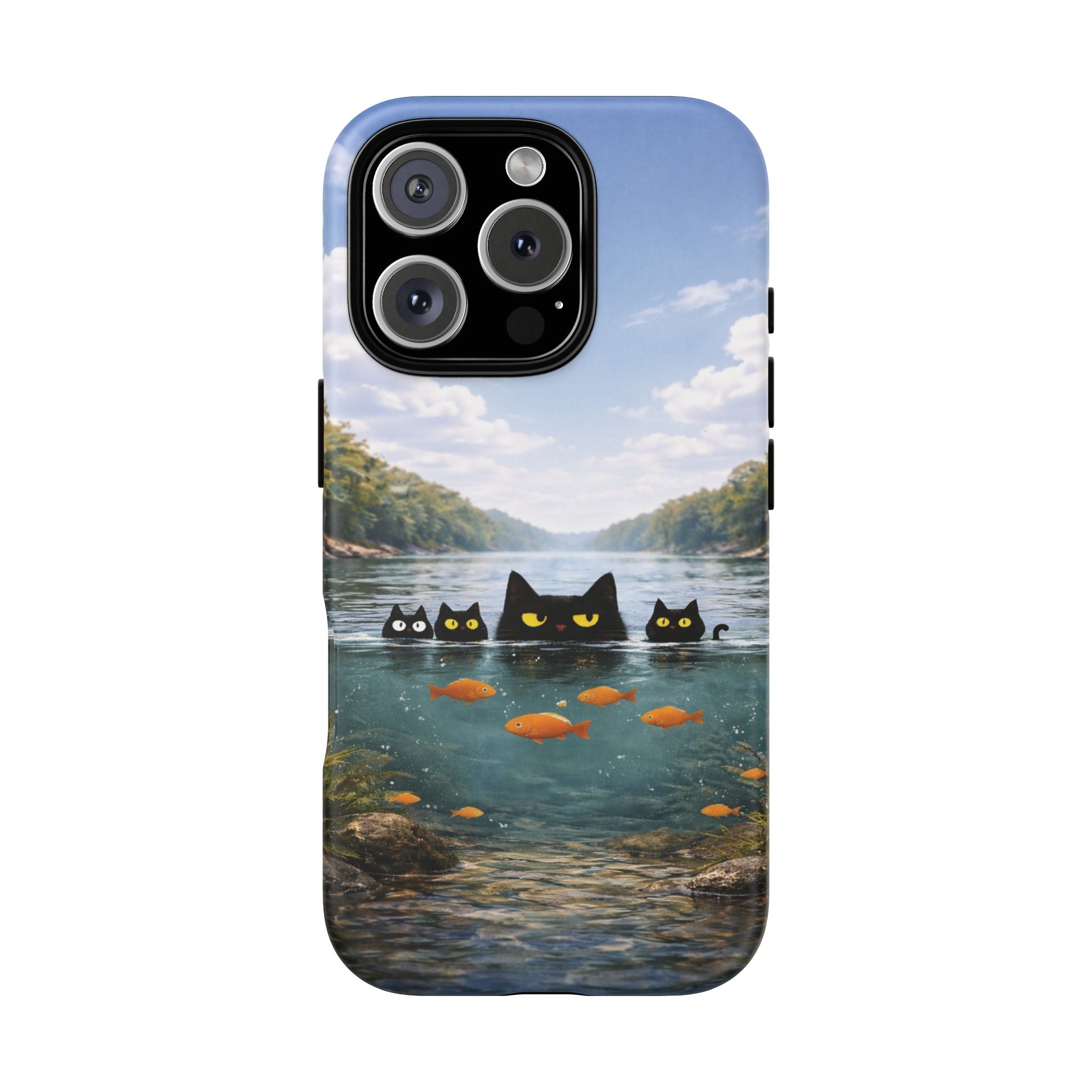 Cat Lake Tough Phone Case — Black Cats & Goldfish Scenic Protective Cover🐶🐾