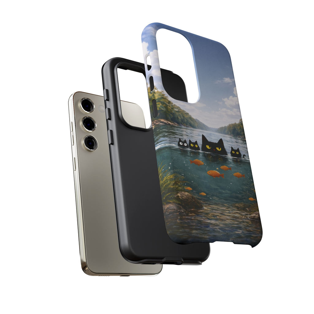 Cat Lake Tough Phone Case — Black Cats & Goldfish Scenic Protective Cover🐶🐾