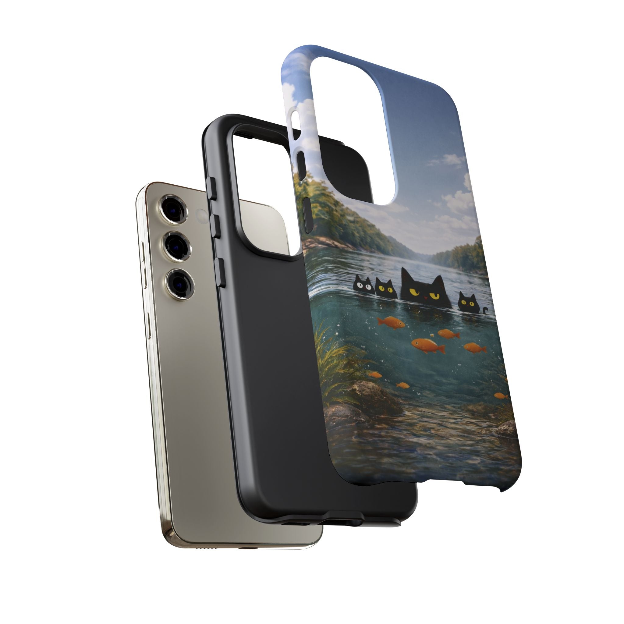 Cat Lake Tough Phone Case — Black Cats & Goldfish Scenic Protective Cover🐶🐾