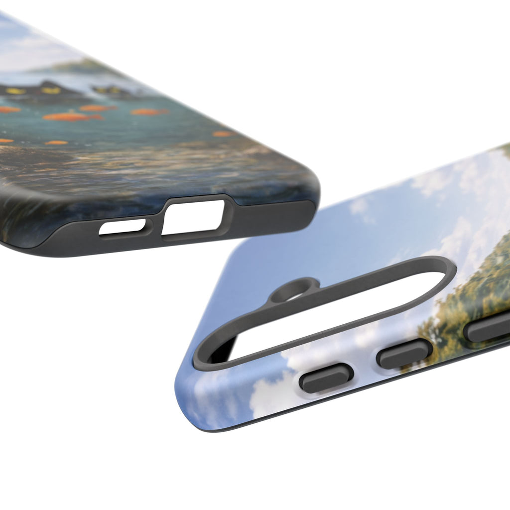 Cat Lake Tough Phone Case — Black Cats & Goldfish Scenic Protective Cover🐶🐾