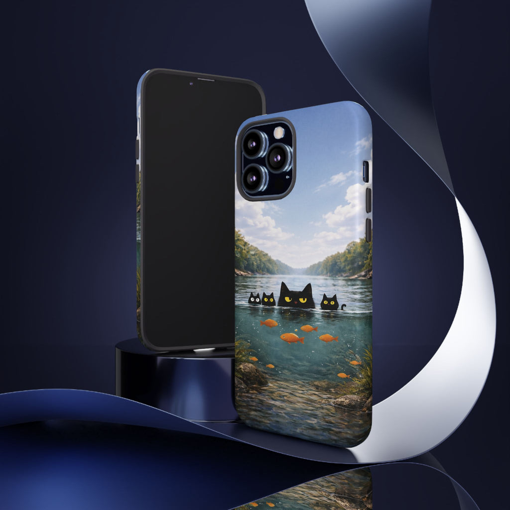 Cat Lake Tough Phone Case — Black Cats & Goldfish Scenic Protective Cover🐶🐾
