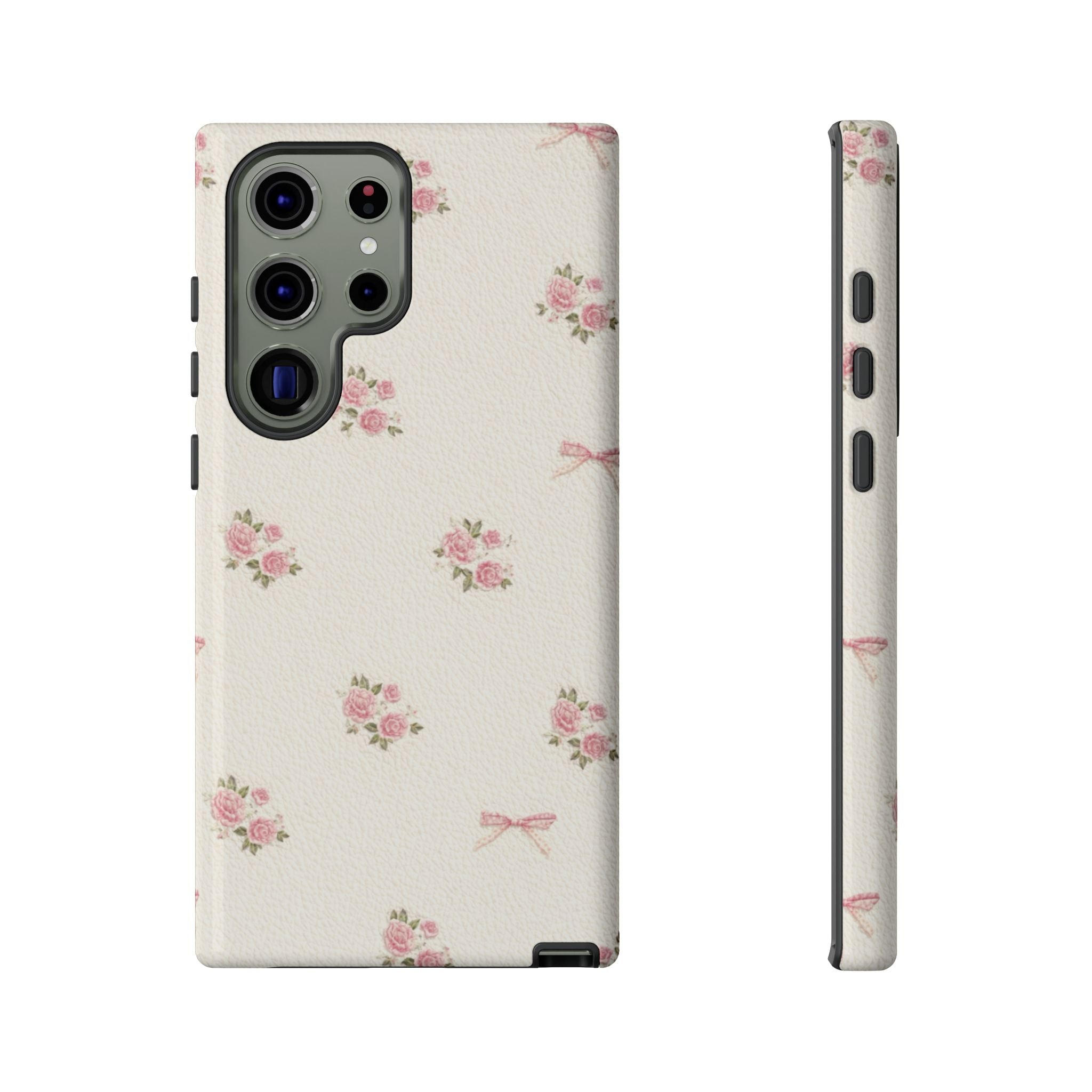 Floral Bow Tough Phone Case — Vintage Pink Rose Pattern🌷🎀