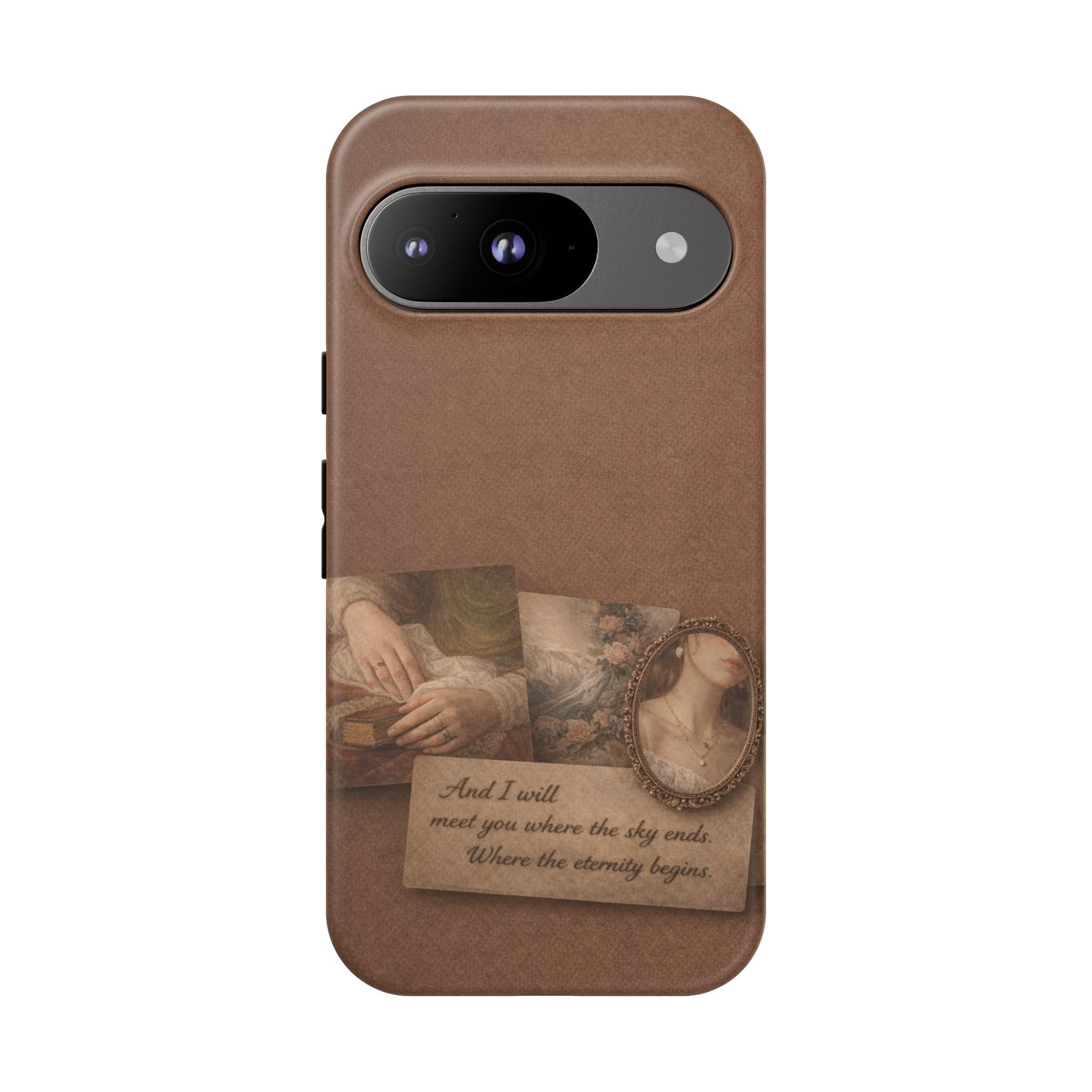 Vintage Brown Phone Case with Romantic Collage — "And I saw you where the sky ends"🌙
